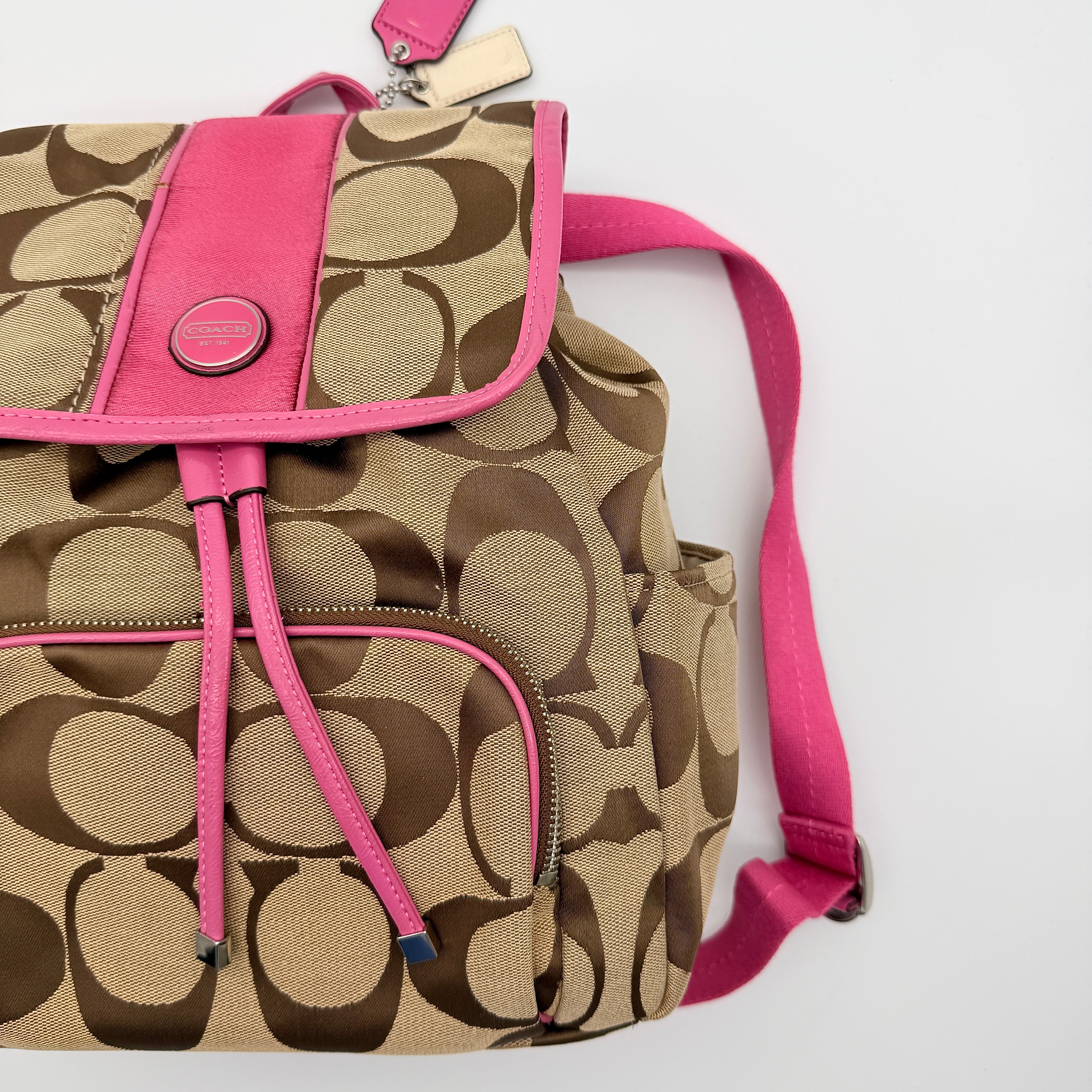 Coach Signature Stripe Mini Backpack Beige/Pink