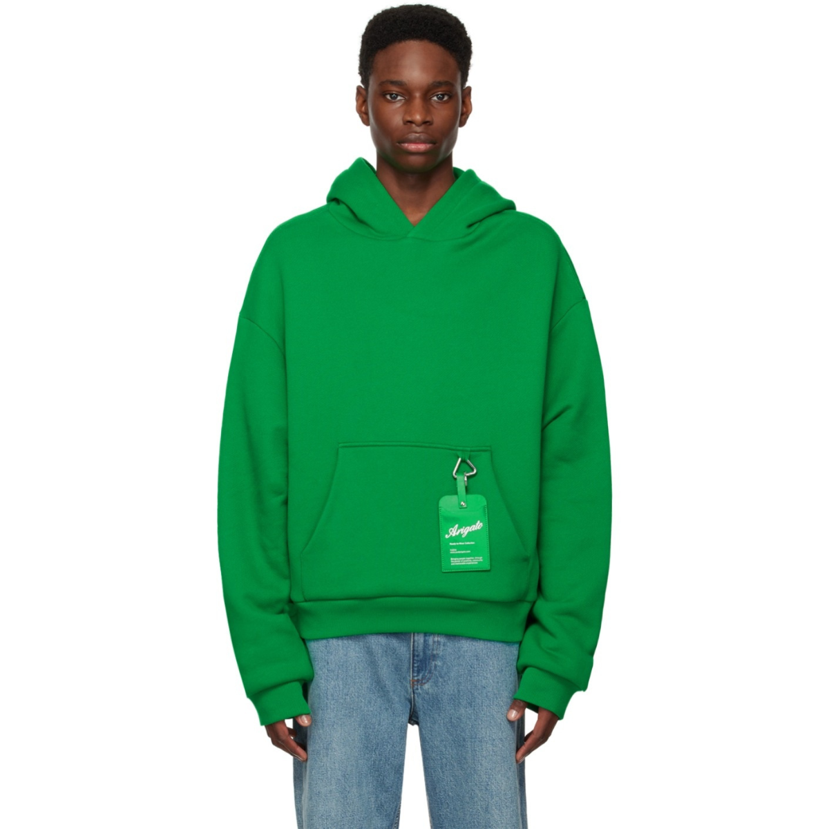 Axel Arigato Green Title Hoodie in heavyweight organic cotton with oversized fit, kangaroo pocket, and branded tag detail
