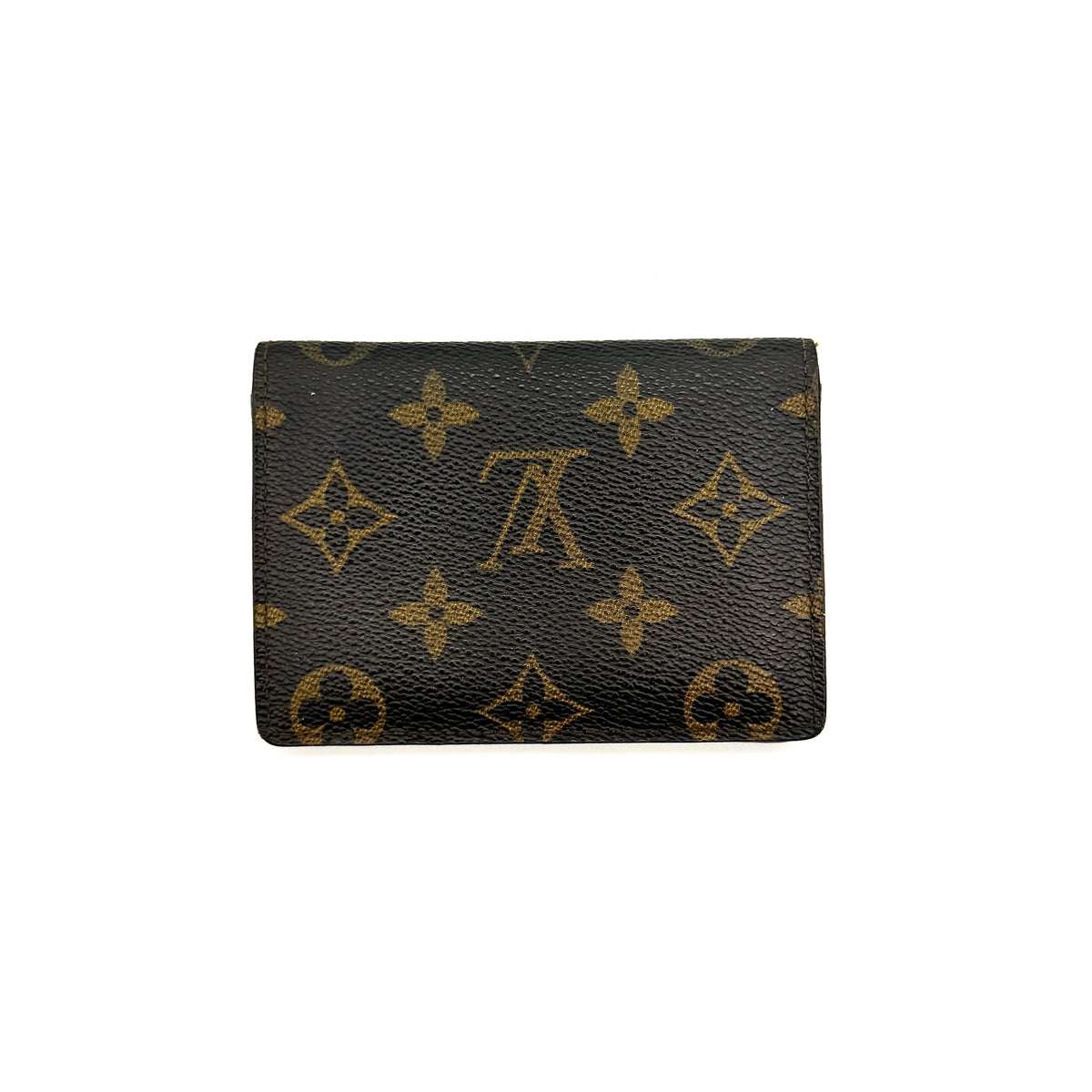 Louis Vuitton Monogram ID Card Holder in brown coated canvas with signature pattern and brown leather interior.