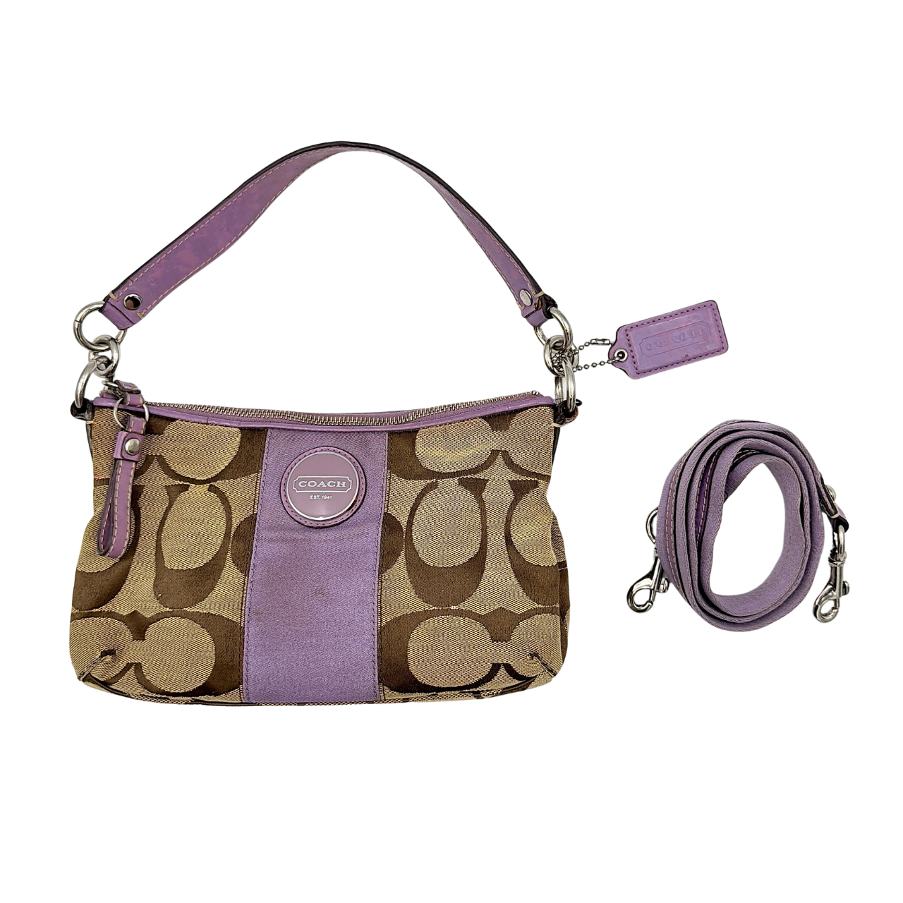 Coach 2Way Signature Shoulder Bag in beige jacquard with purple leather accents and silver hardware, shown with both short handle and detachable long strap.
