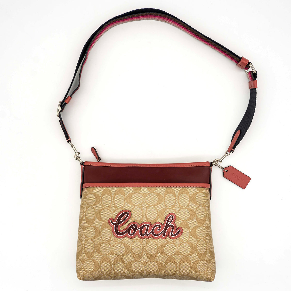 Coach Signature Script File Crossbody Bag Beige/Burgundy