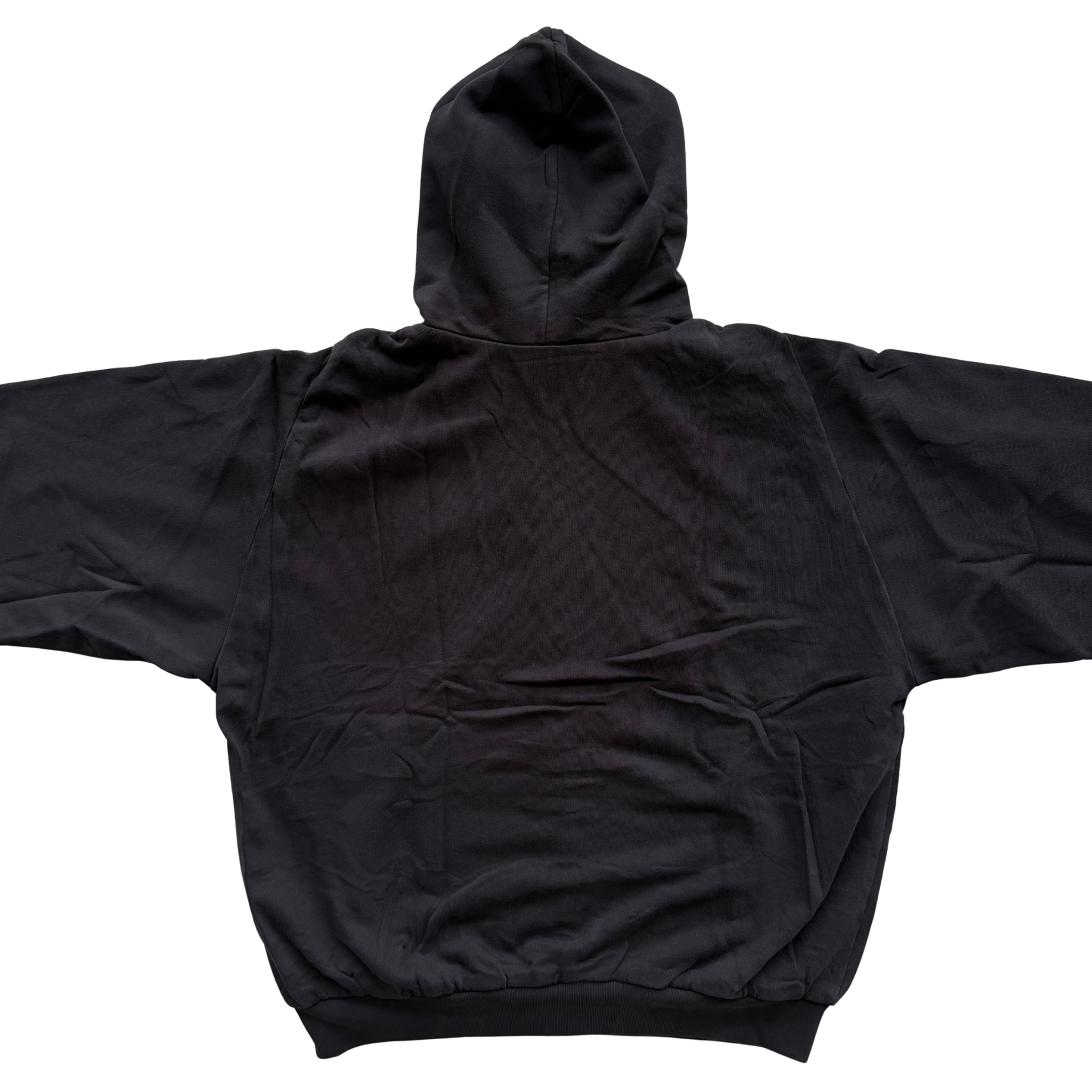 Yeezy x Gap black XL zip up hoodie with hood and front pocket, laid flat showing entire front.
