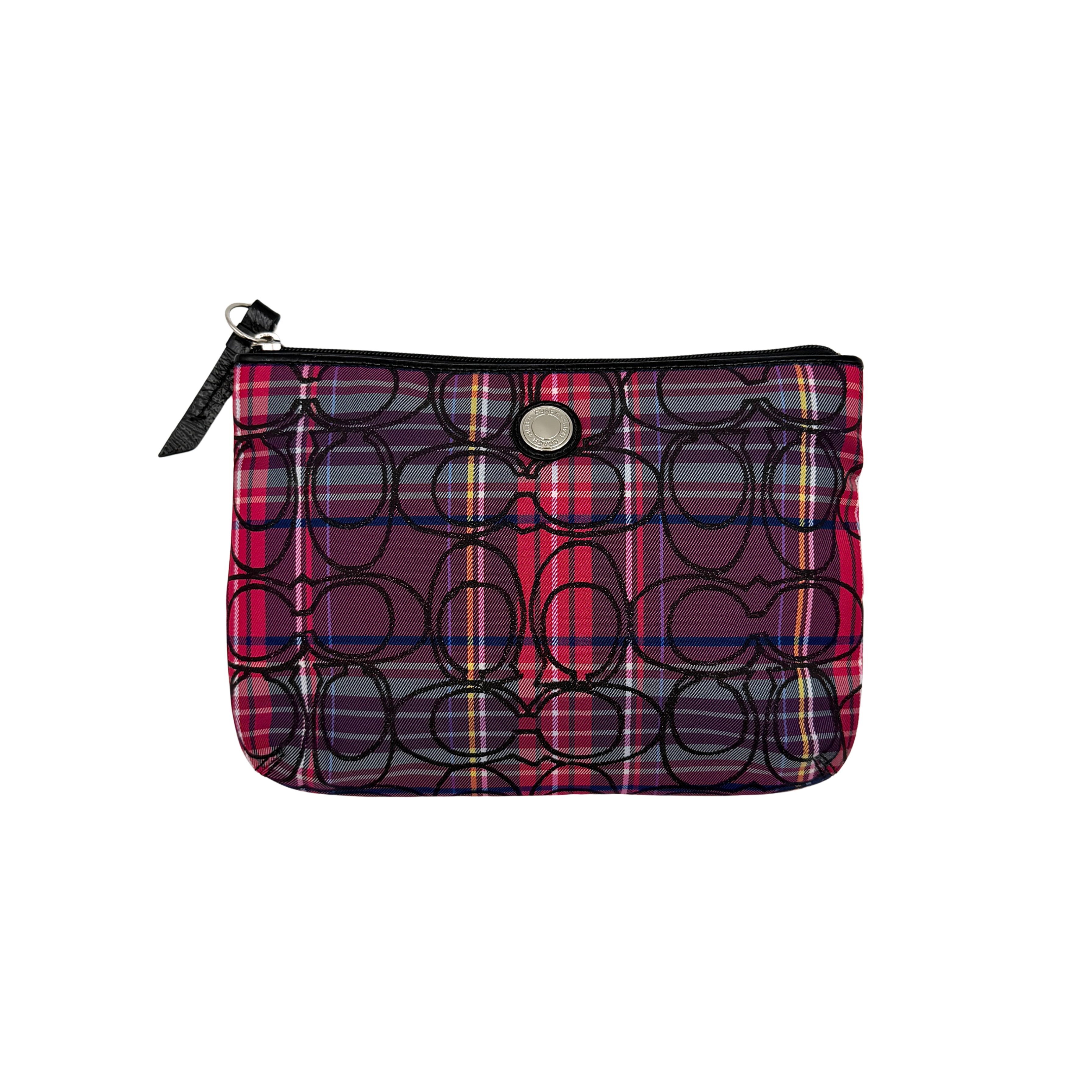 Coach Signature Poppy Tartan Pouch with bold multicolour plaid and black C motif, topped by silver-tone hardware and leather zipper pull.