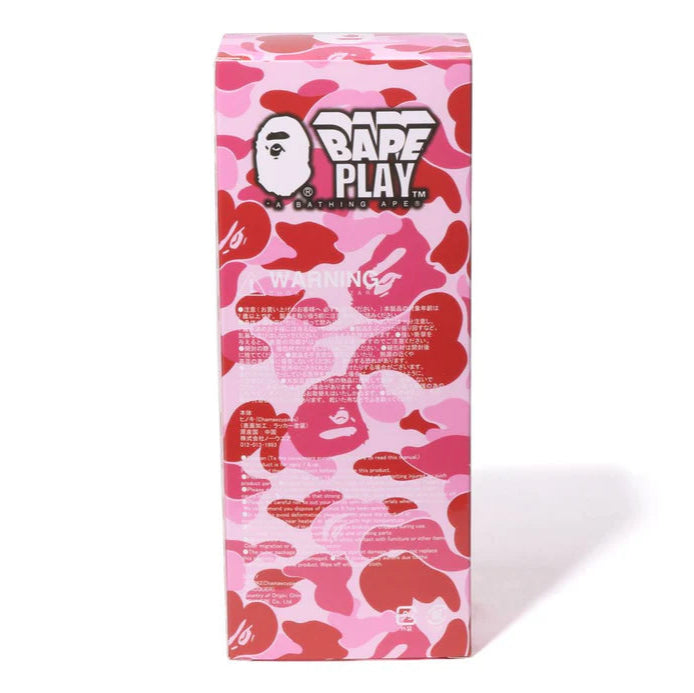 BAPE ABC Camo Kendama Pink, wooden skill toy featuring all-over pink, red, and white camo print in glossy finish.