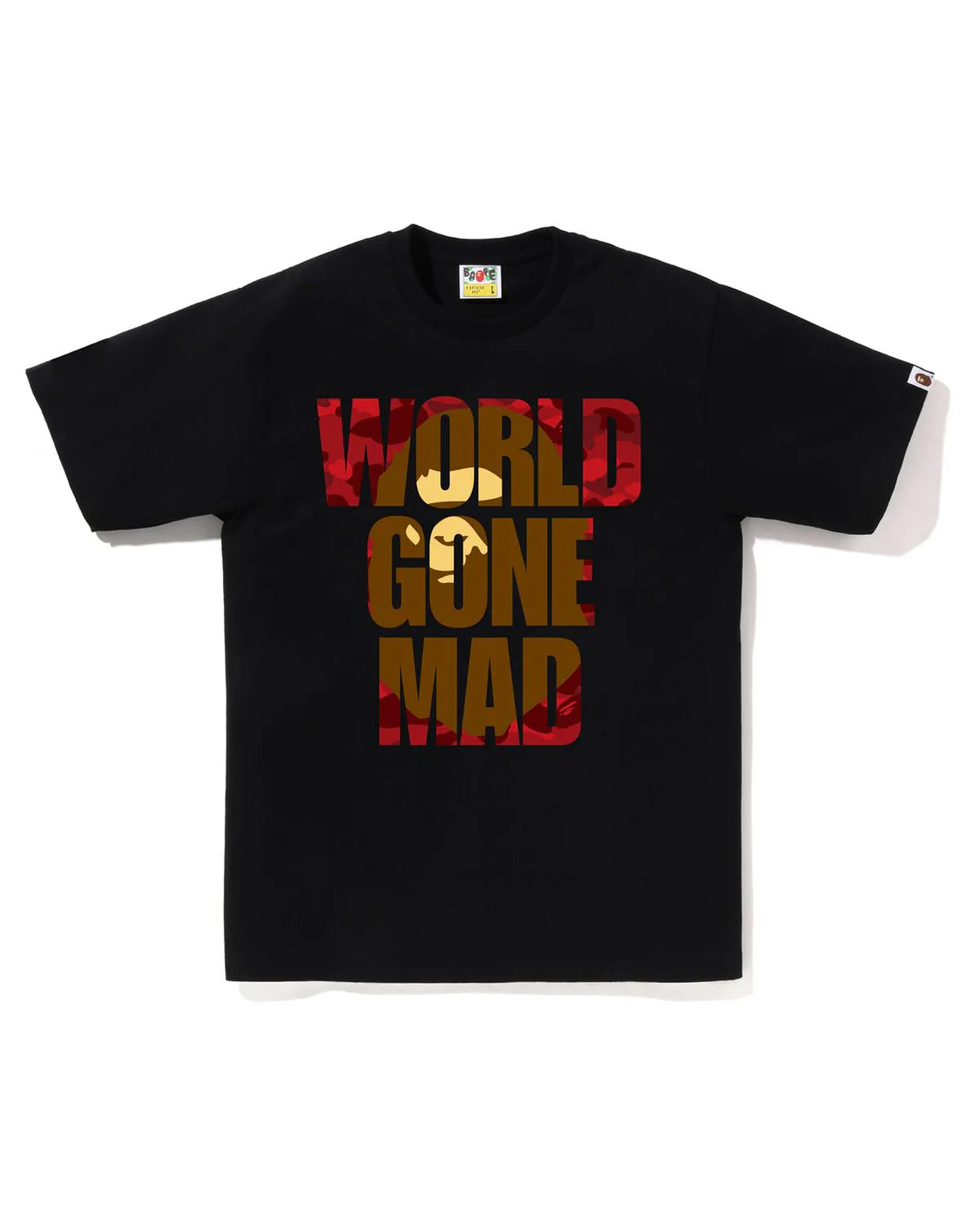 BAPE Color Camo WGM Ape Head Overlap Tee Black, featuring layered "WORLD GONE MAD" graphic with red camo and ape head on black cotton tee.