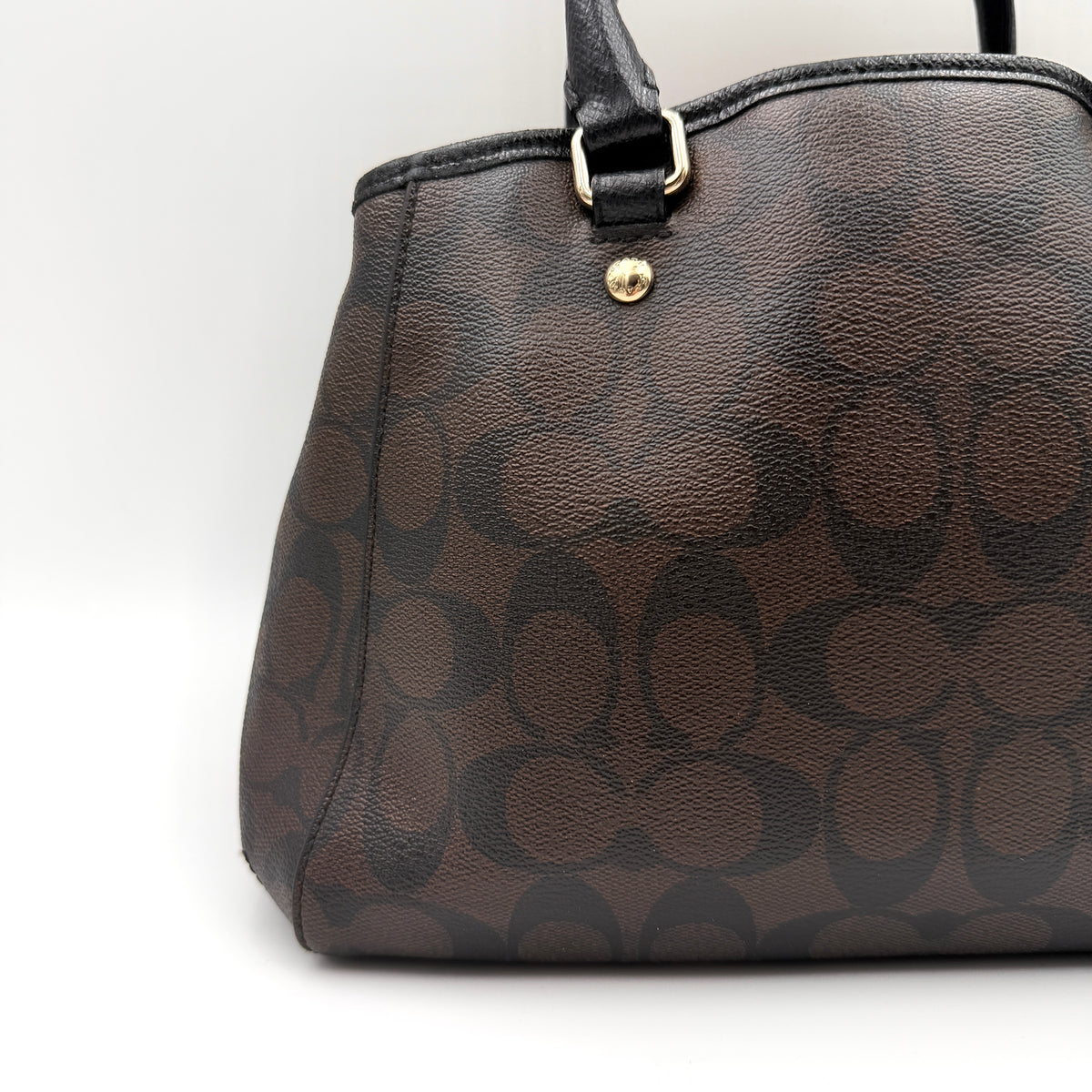 Coach 2Way Signature Margot Carryall Satchel in brown with black leather handles and gold hardware, shown with detachable strap.