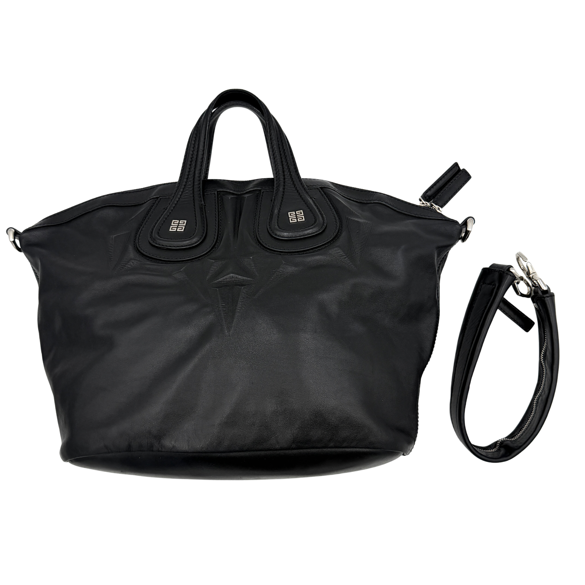 Givenchy 2Way Nightingale Handbag in black leather with detachable strap and striking front motif.