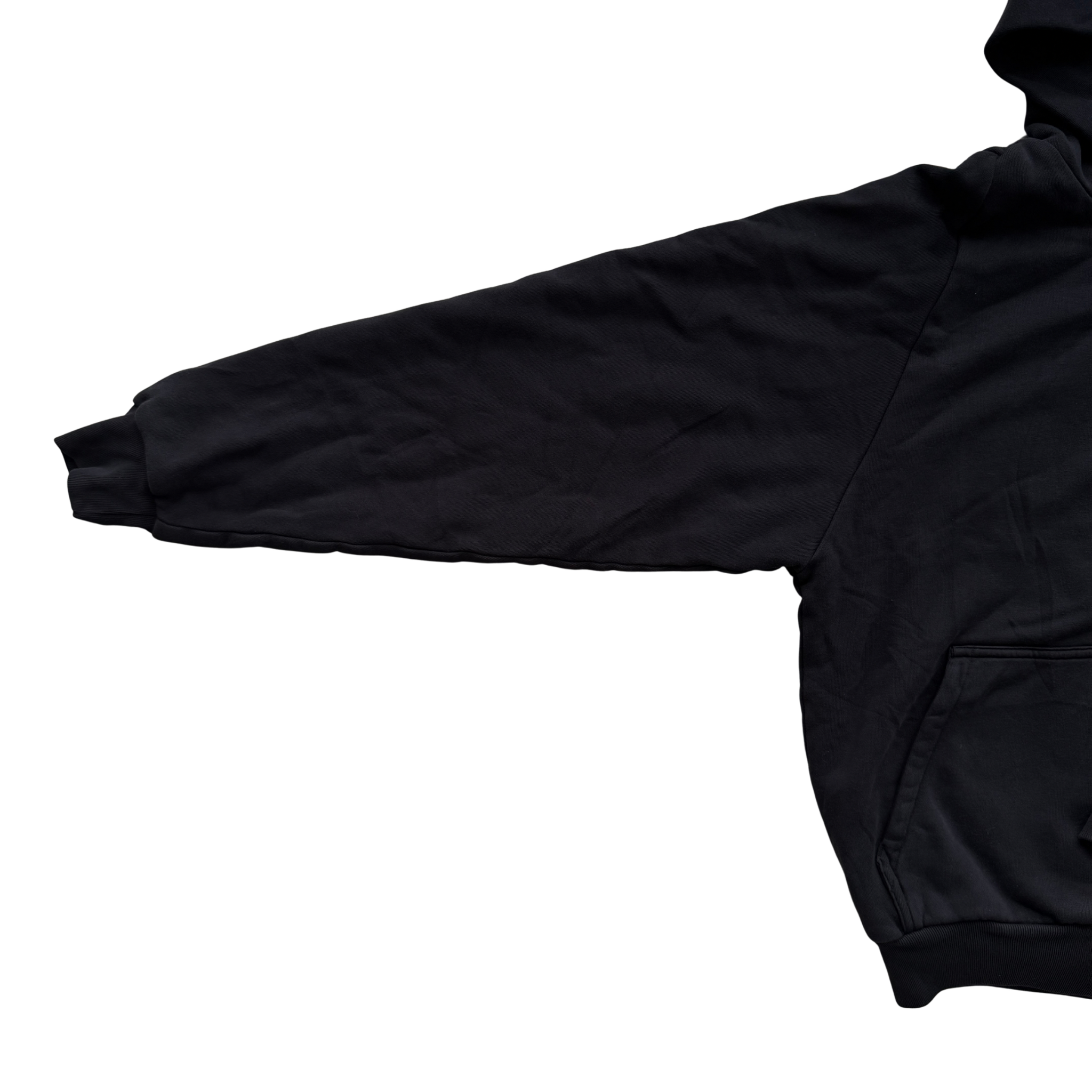 Yeezy x Gap black zip up hoodie with hood, displayed flat to show front and pocket details.