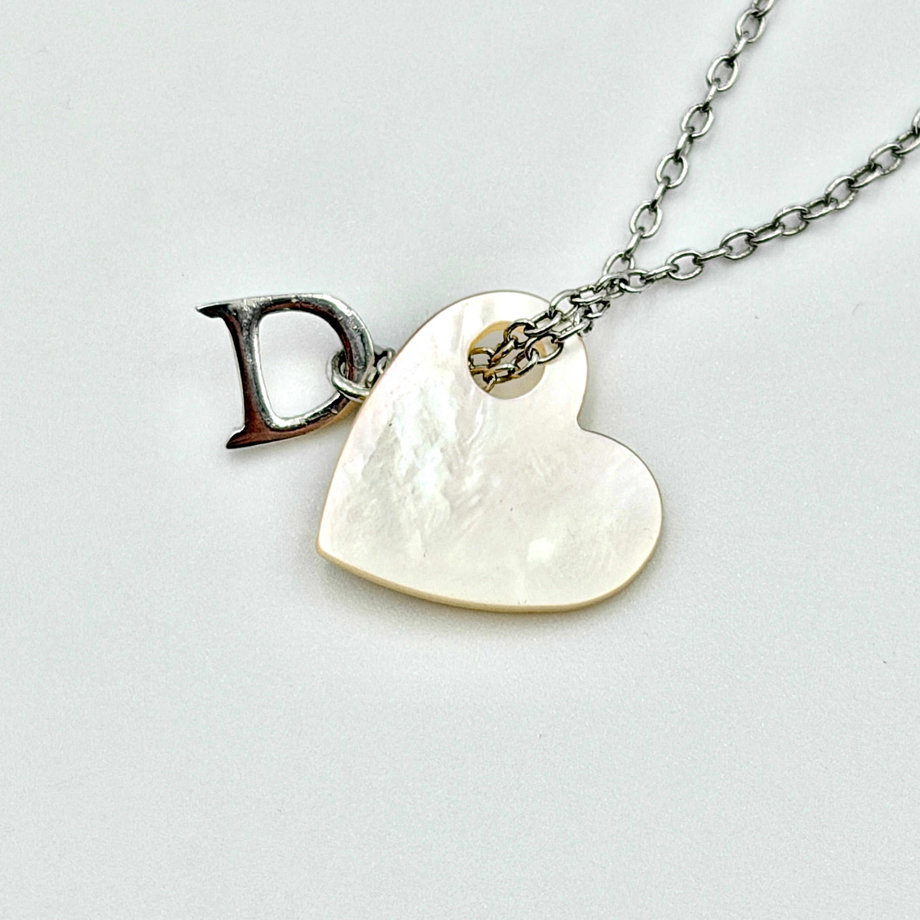 Dior D Logo Heart Mother of Pearl Necklace Silver
