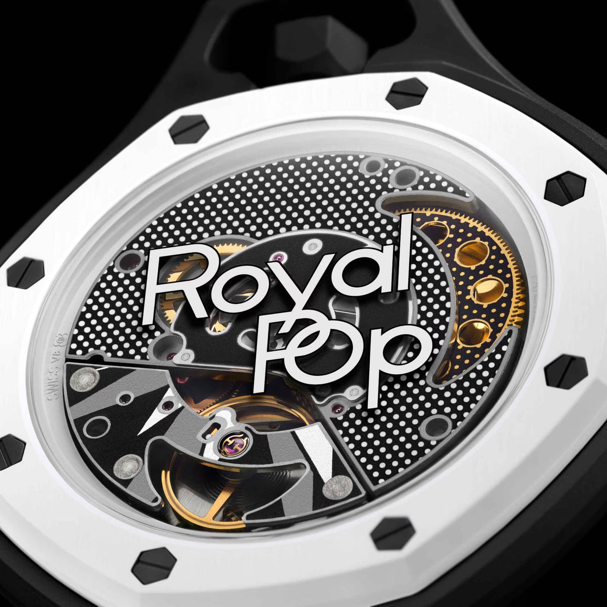 Swatch x Audemars Piguet Royal Pop Ocho Negro pendant watch with black textured dial and octagonal bezel on a black strap.