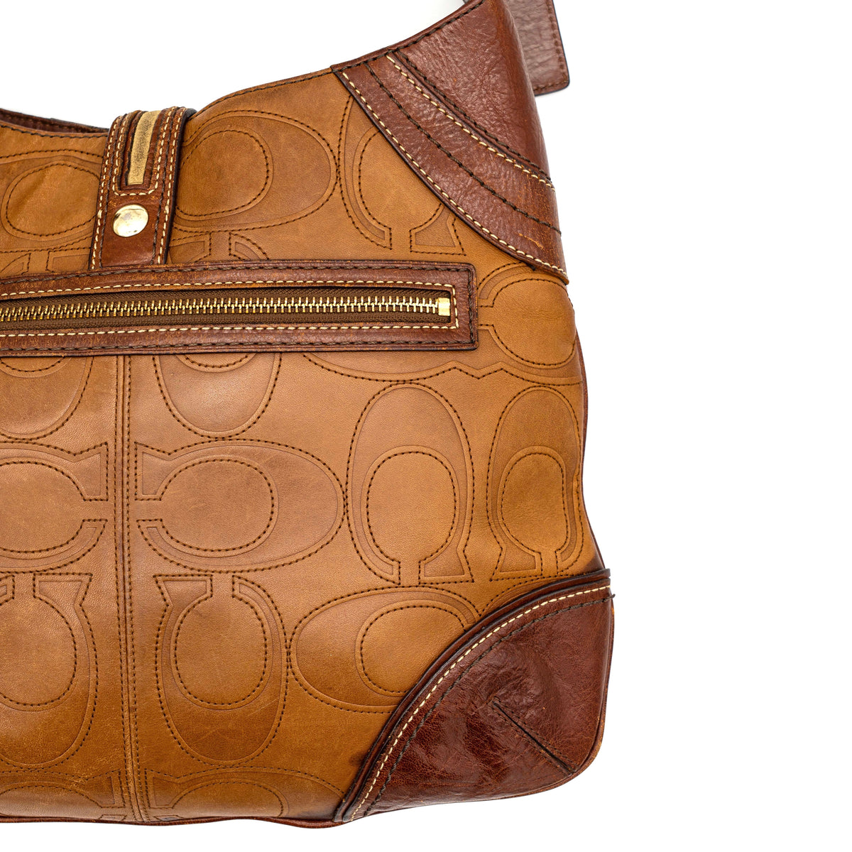 Coach Signature Embossed Hampton Hobo Shoulder Bag Brown