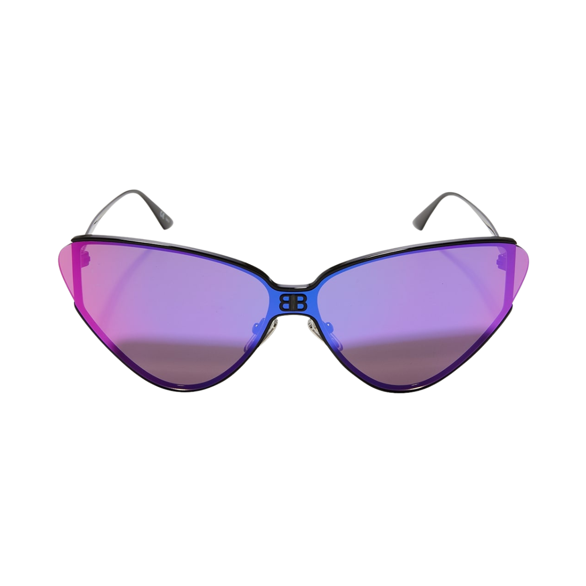 Balenciaga Black Cat-Eye Sunglasses with gradient purple-pink lenses, black metal frame, and signature BB logo on nose bridge