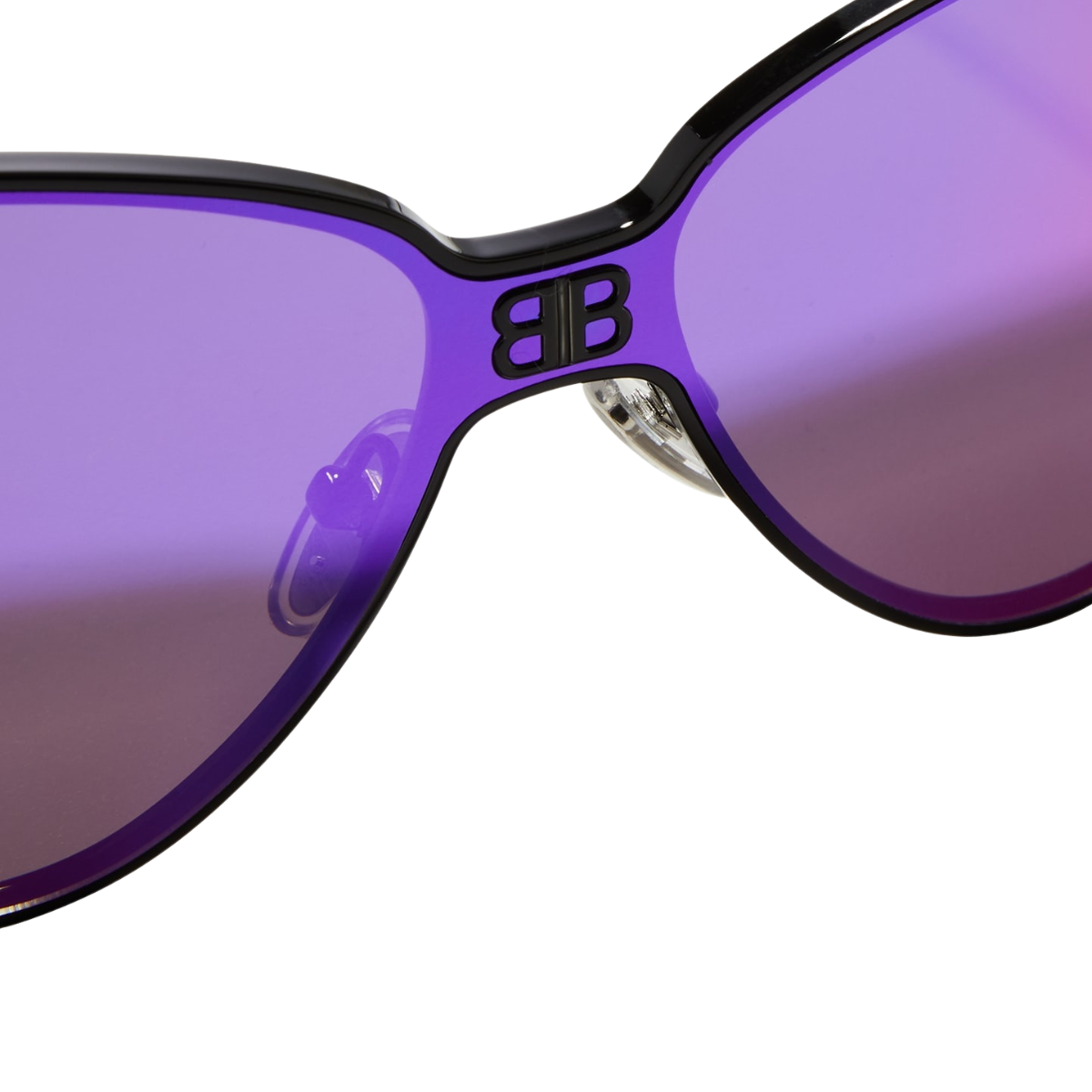 Balenciaga Black Cat-Eye Sunglasses with gradient purple-pink lenses, black metal frame, and signature BB logo on nose bridge