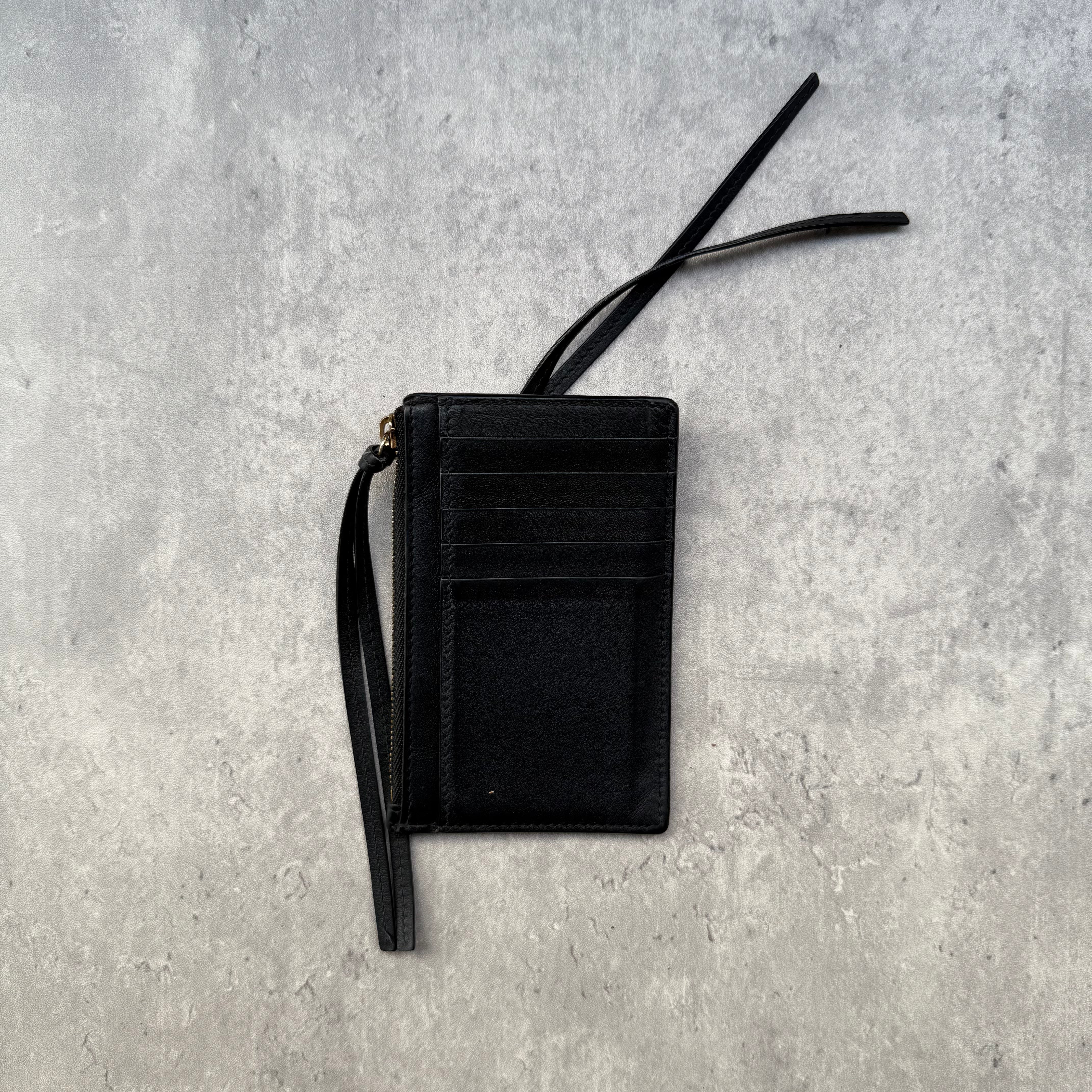 Balenciaga Neo Classic Zip Card Holder in black leather with gold-tone zip detail and moto-style front pocket