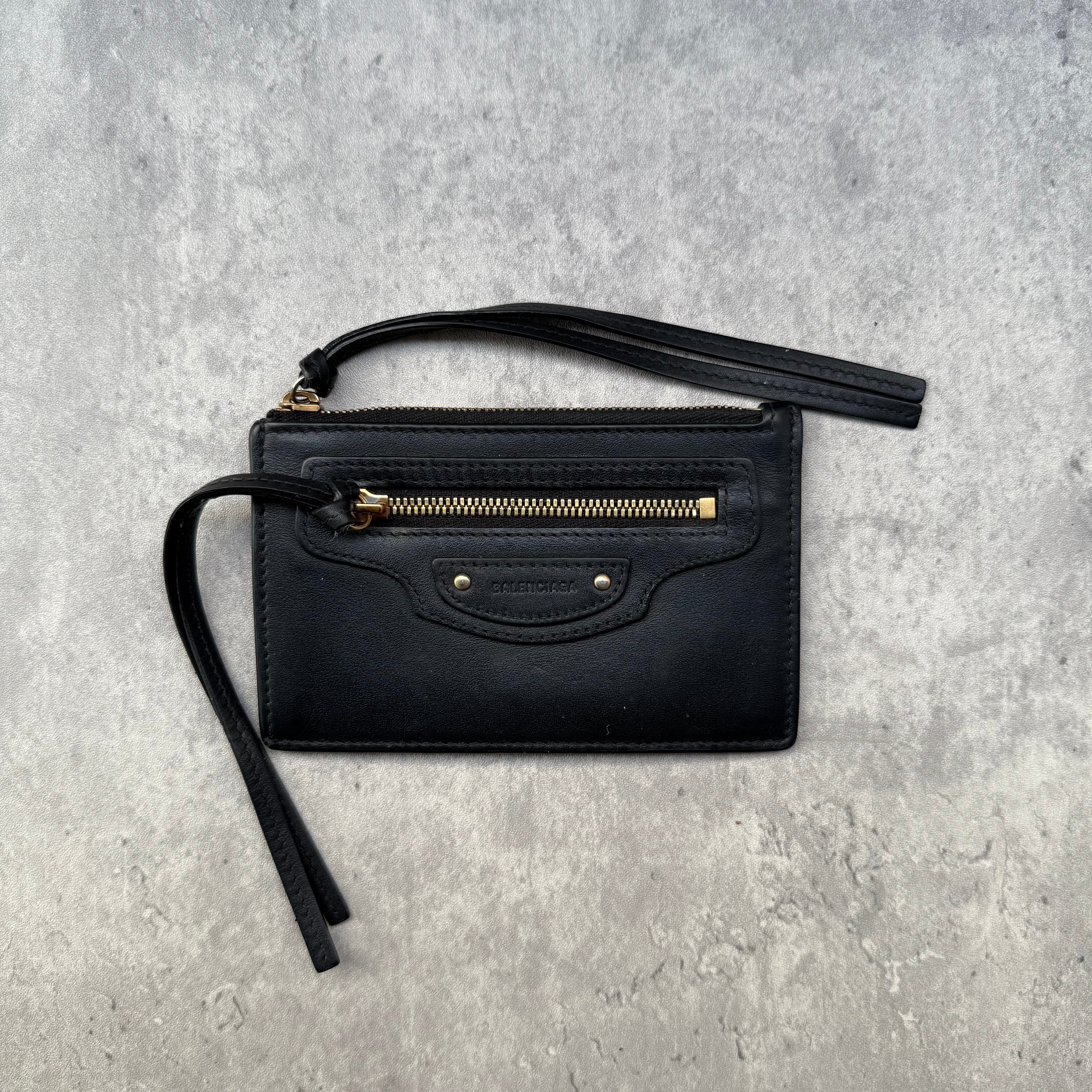 Balenciaga Neo Classic Zip Card Holder in black leather with gold-tone zip detail and moto-style front pocket