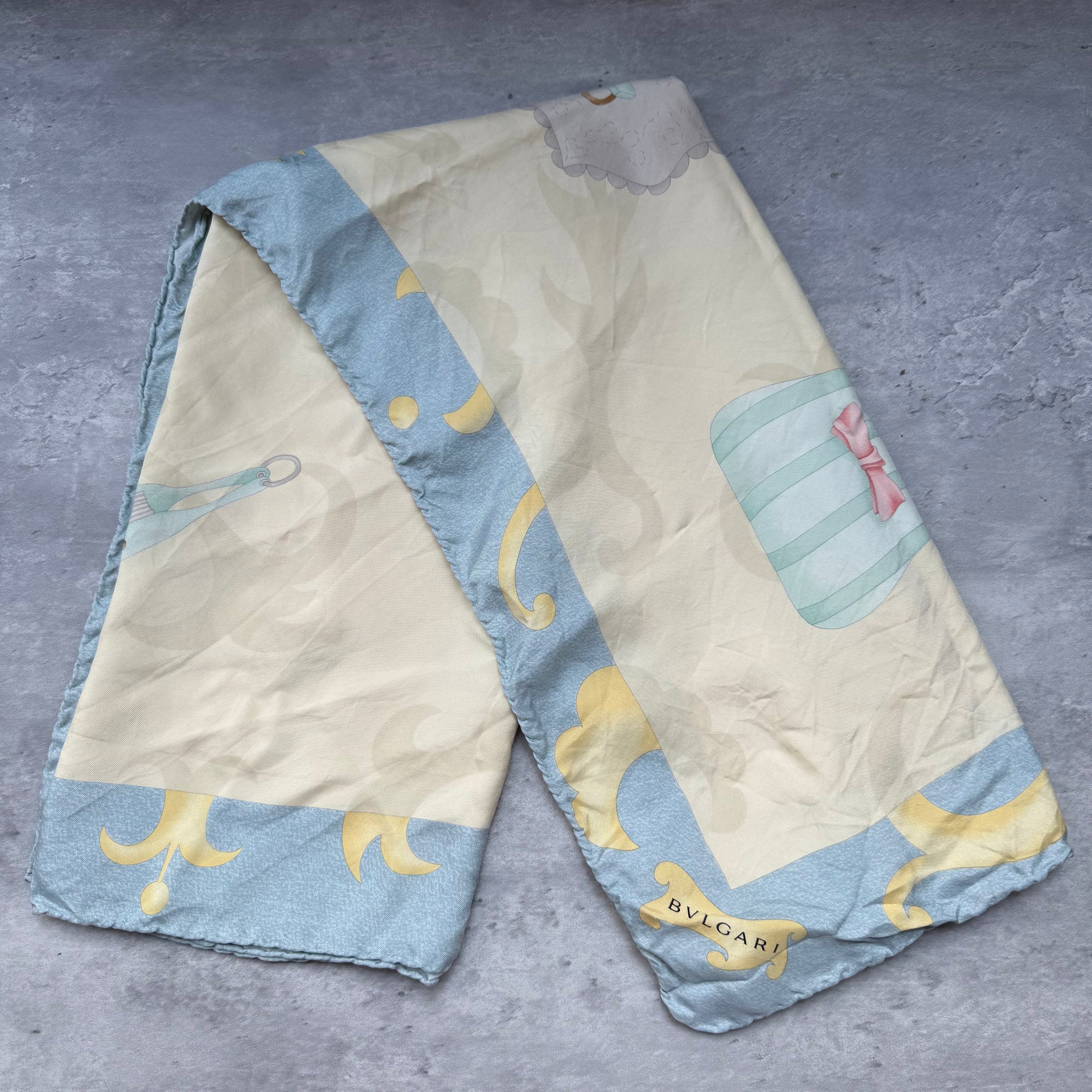 Bvlgari Silk Scarf Light Blue/Cream with pastel accents, featuring soft motif design.