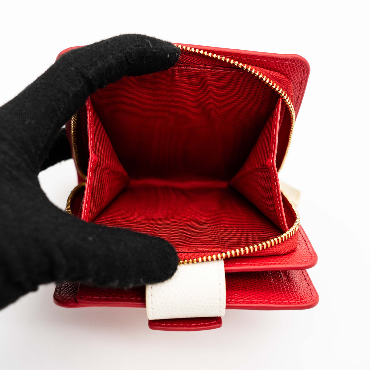 Furla Metropolis Compact Wallet in red leather with gold hardware, shown with original box, dust bag, and cards.
