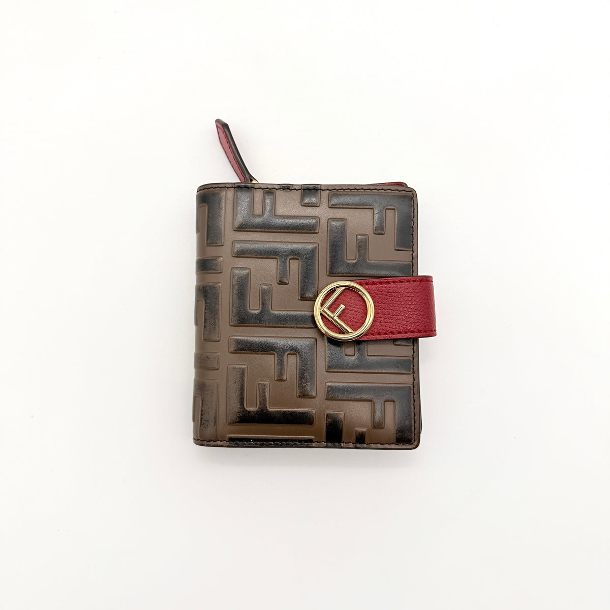 Fendi FF Embossed Logo Bifold Wallet in brown with red strap and gold Fendi hardware, displayed front on white background