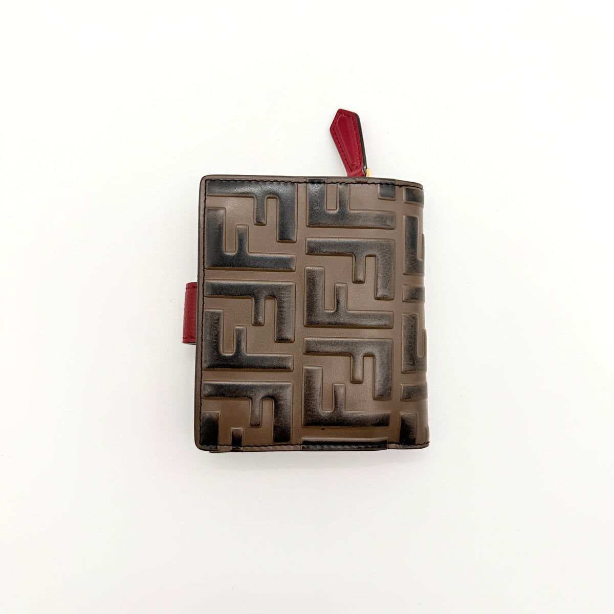 Fendi FF Embossed Logo Bifold Wallet in brown with red strap and gold Fendi hardware, displayed front on white background