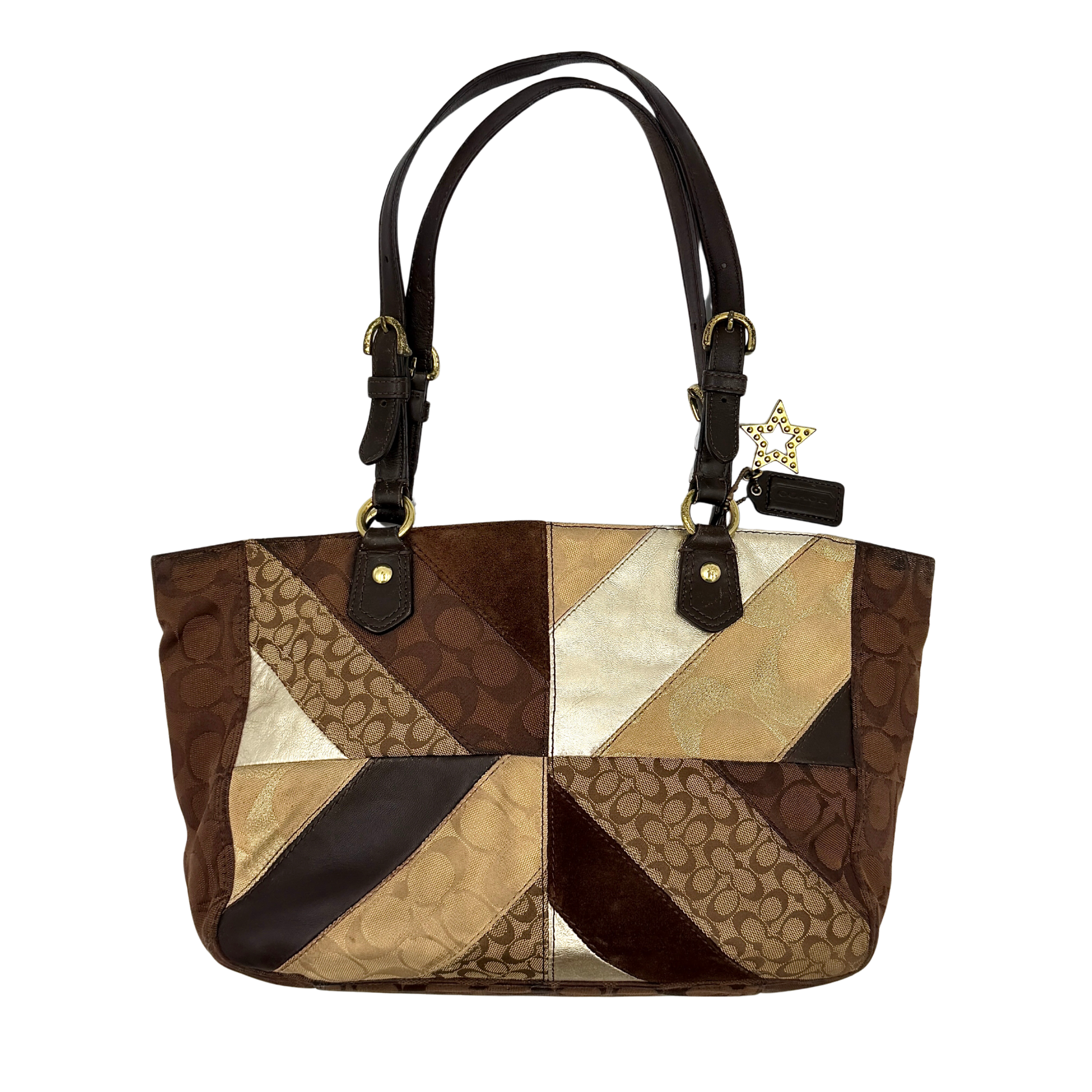 Coach Y2K Chevron Patchwork Tote Bag Brown Multicolor