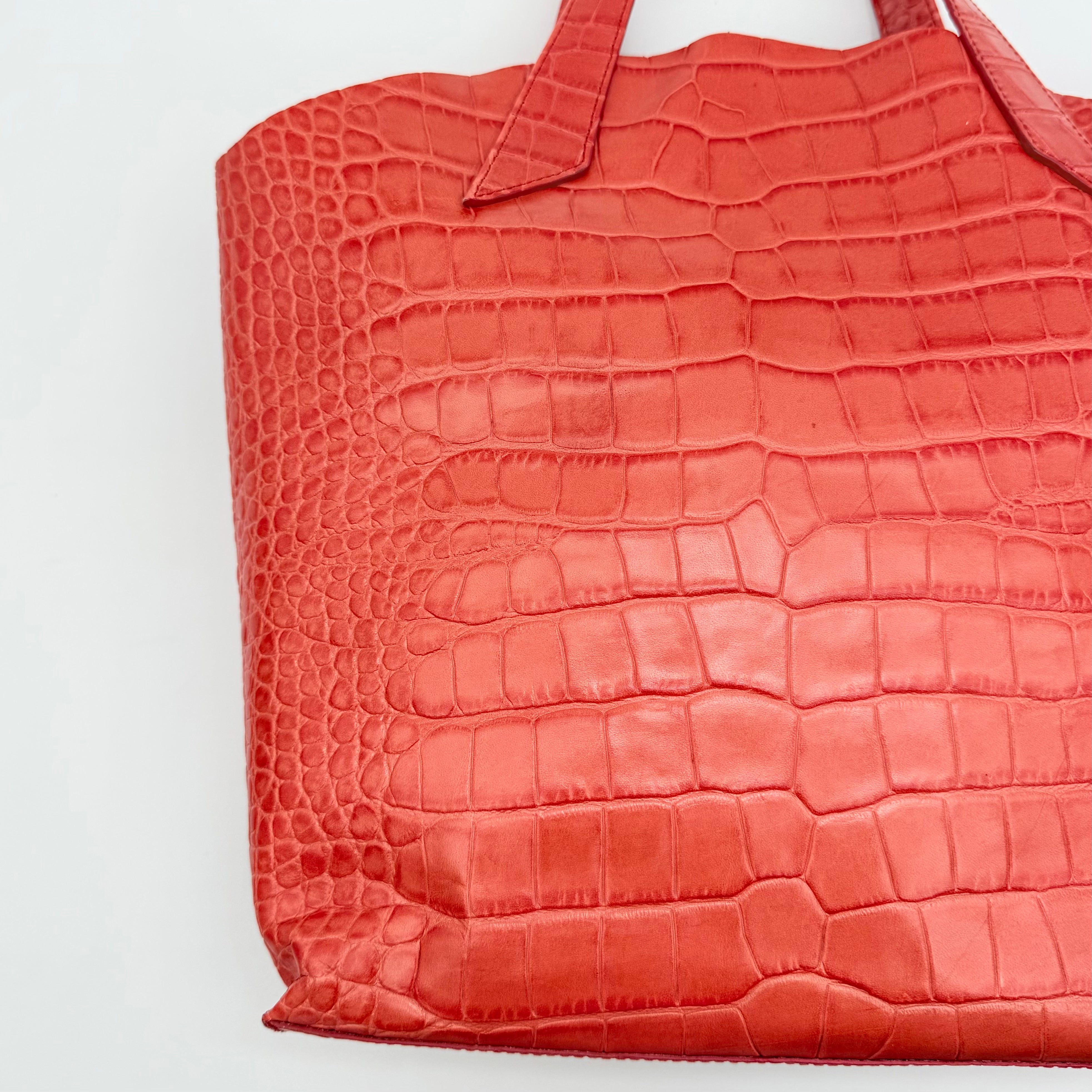 Furla Croc Embossed Leather Tote Bag Orange