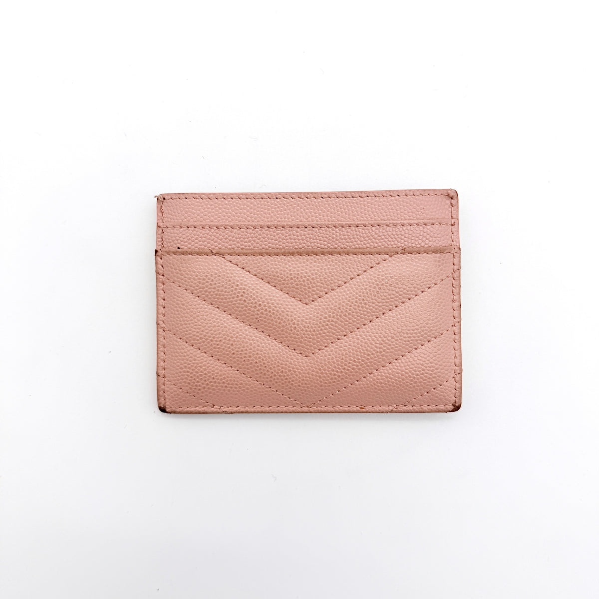Saint Laurent YSL Cassandre Matelassé card holder in pink grained leather with gold YSL monogram.