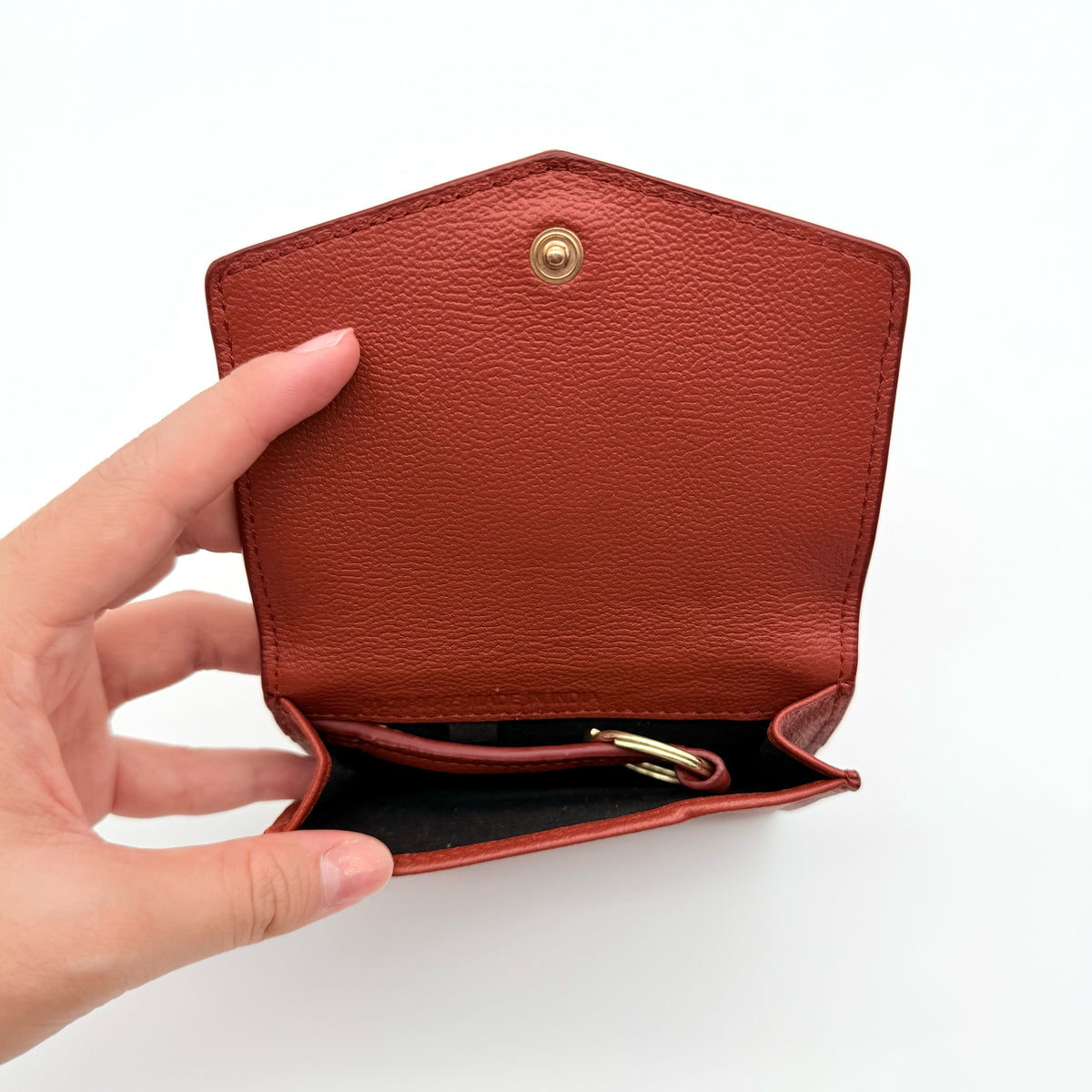 See by Chloé red leather card case with gold-tone ring detail, shown with authenticity card.