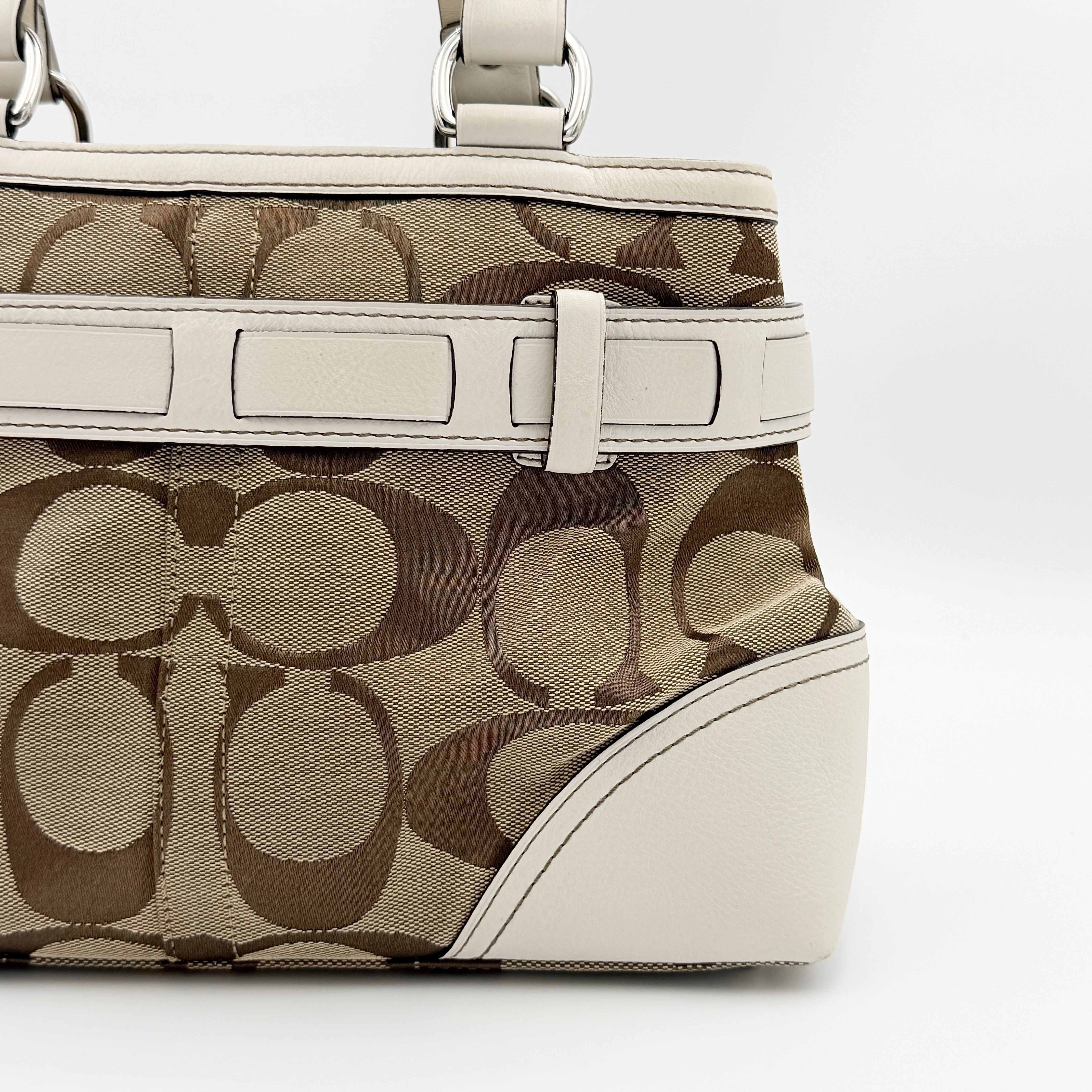 Coach Signature Hampton Python Stripe Handbag in multicolour leather and canvas with silver-tone hardware and an orange scarf detail.