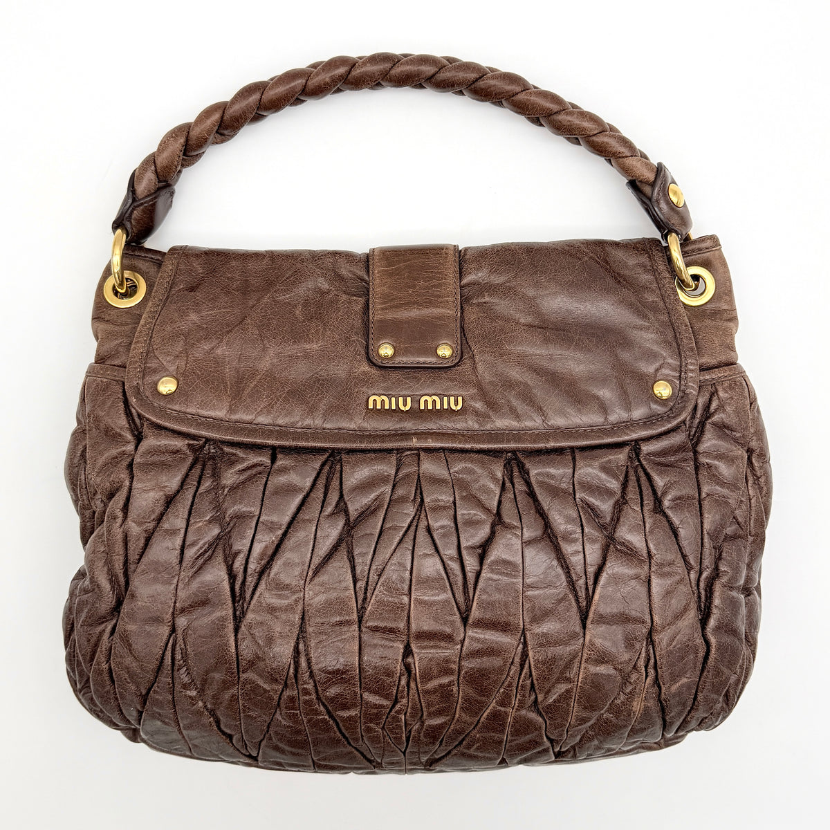 Miu Miu 2Way Matelasse Coffer Hobo Shoulder Bag Dark Brown