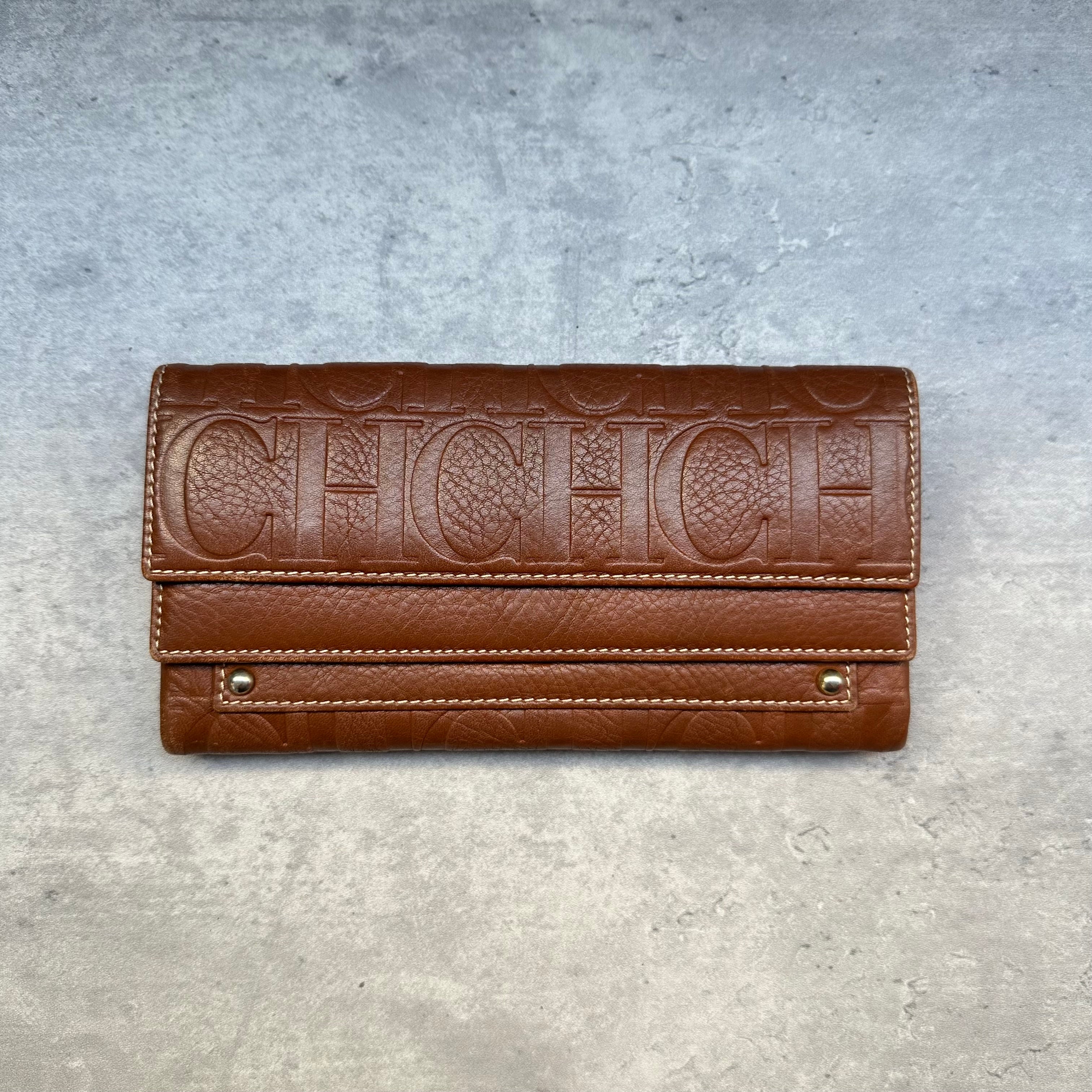 Carolina Herrera Embossed Leather Continental Wallet front view in brown pebbled leather