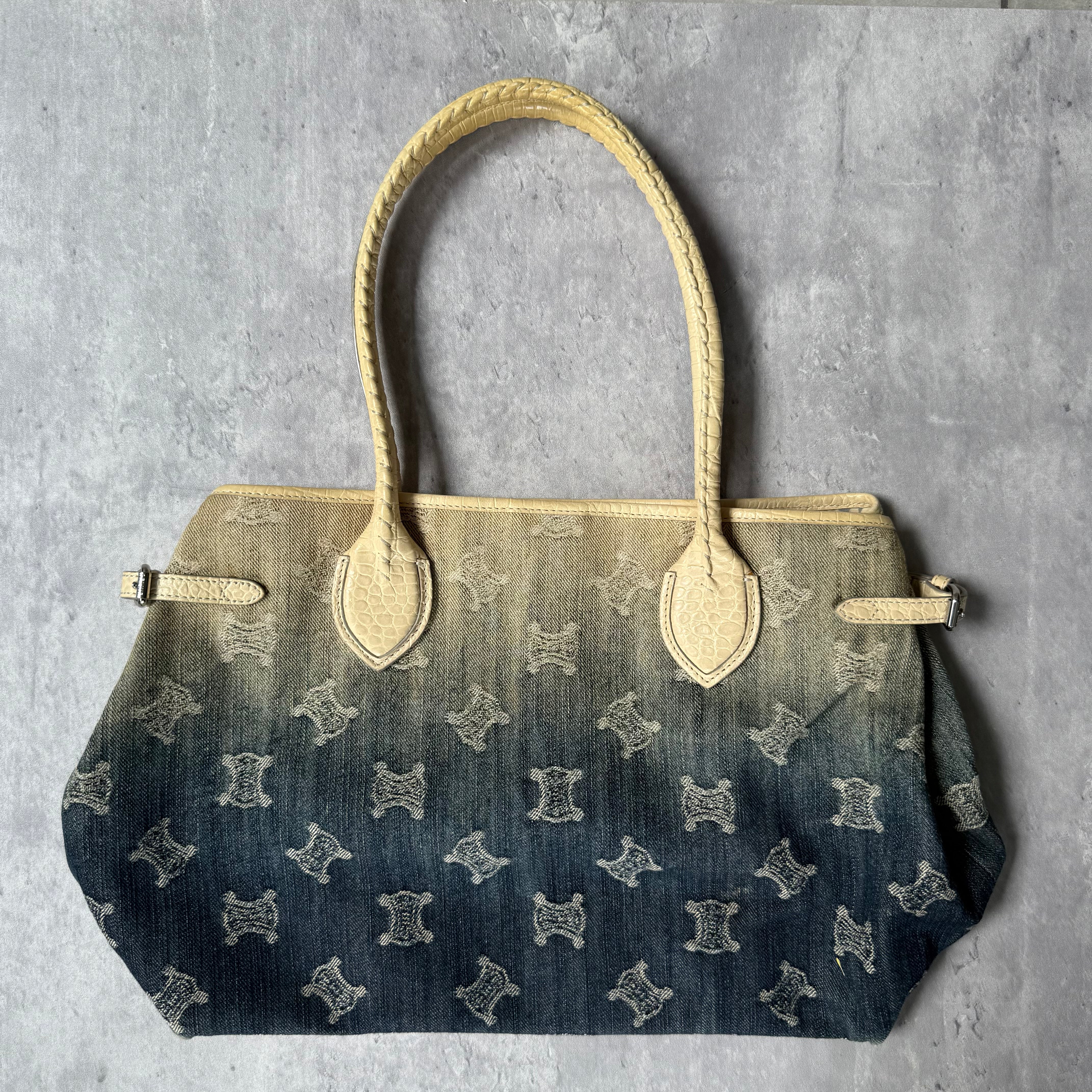 Celine Macadam Gradient Denim Shoulder Bag with beige leather trim, logo print, floral interior lining, and dual handles.