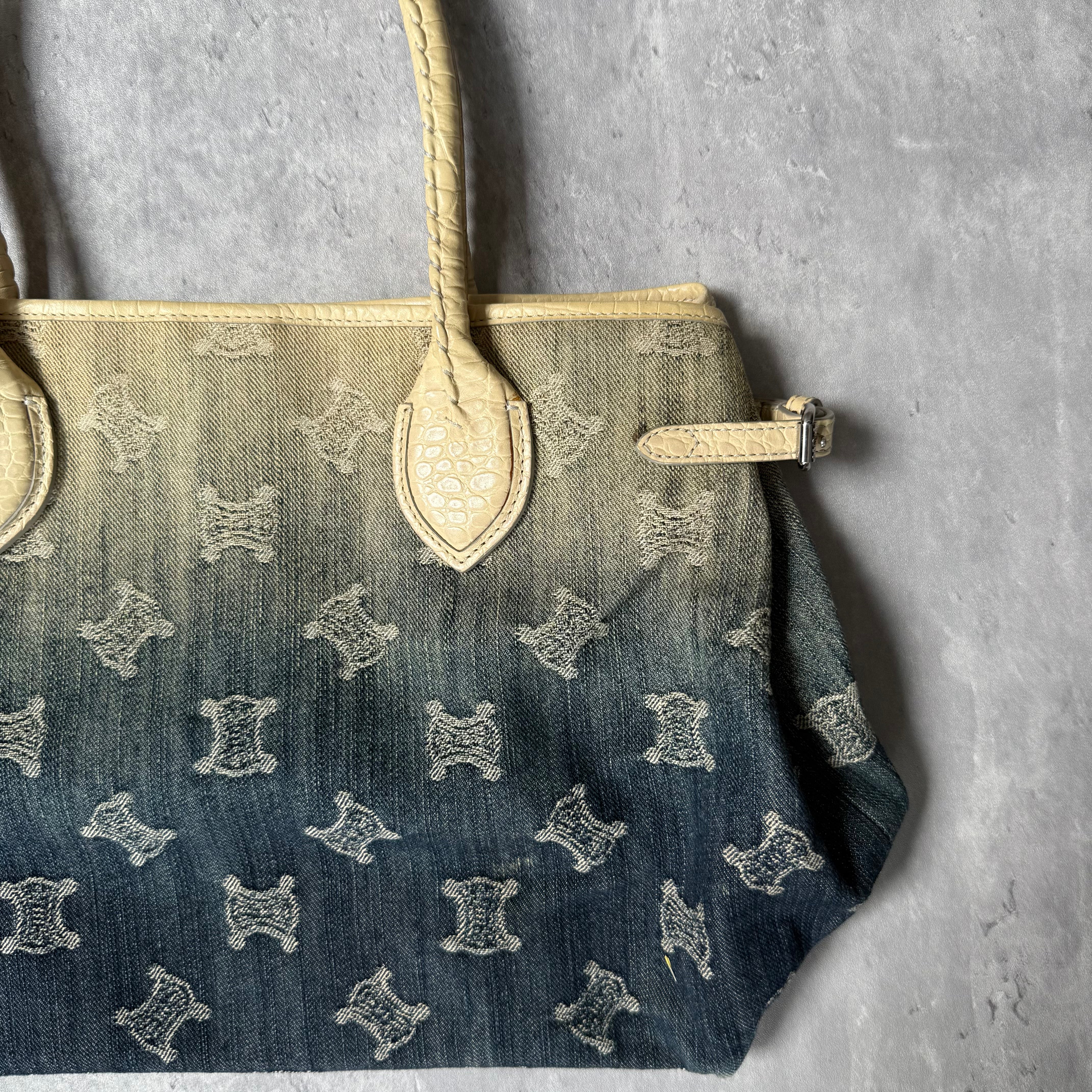 Celine Macadam Gradient Denim Shoulder Bag with beige leather trim, logo print, floral interior lining, and dual handles.