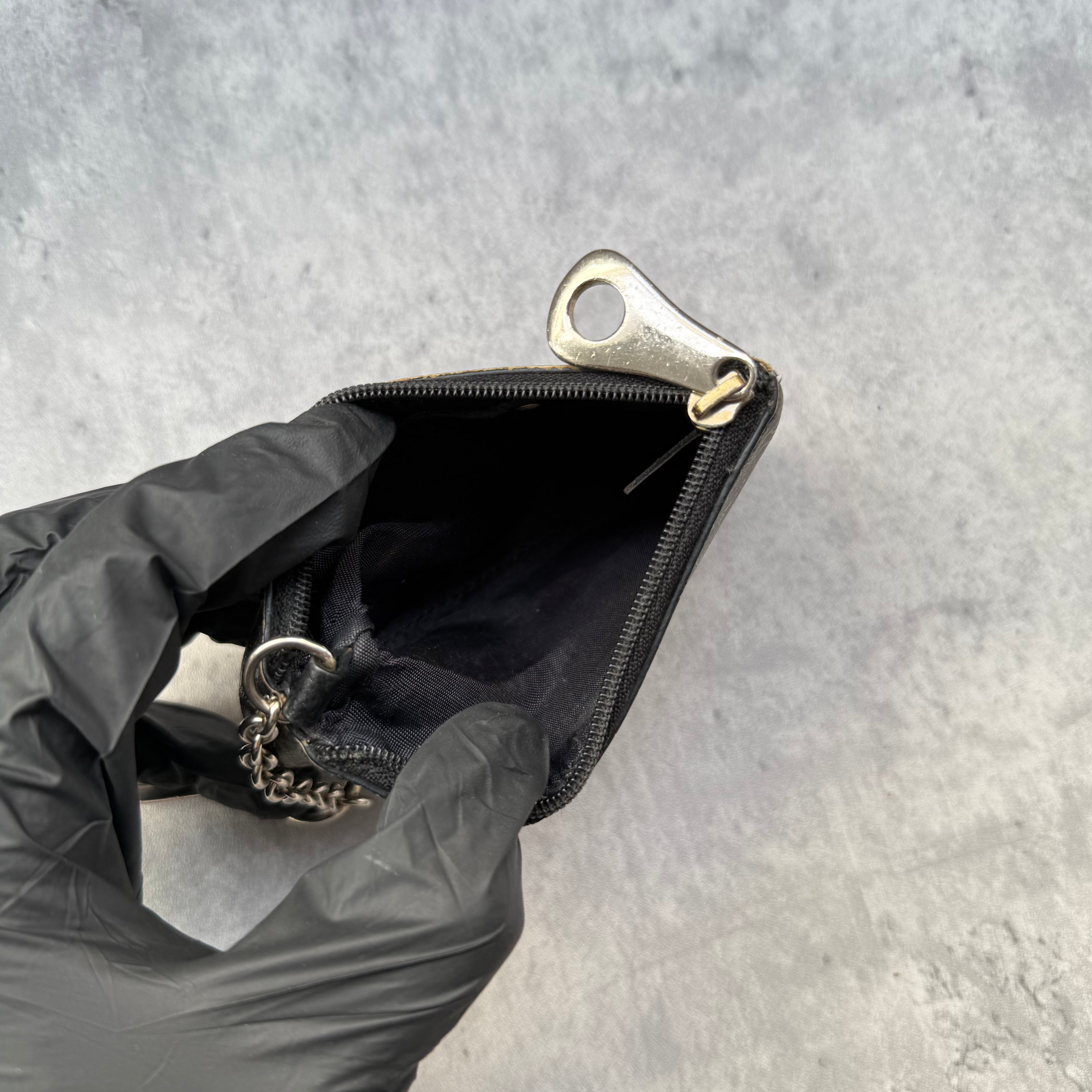 Celine Triomphe Monogram Key Coin Case Wallet in grey canvas with silver-tone chain