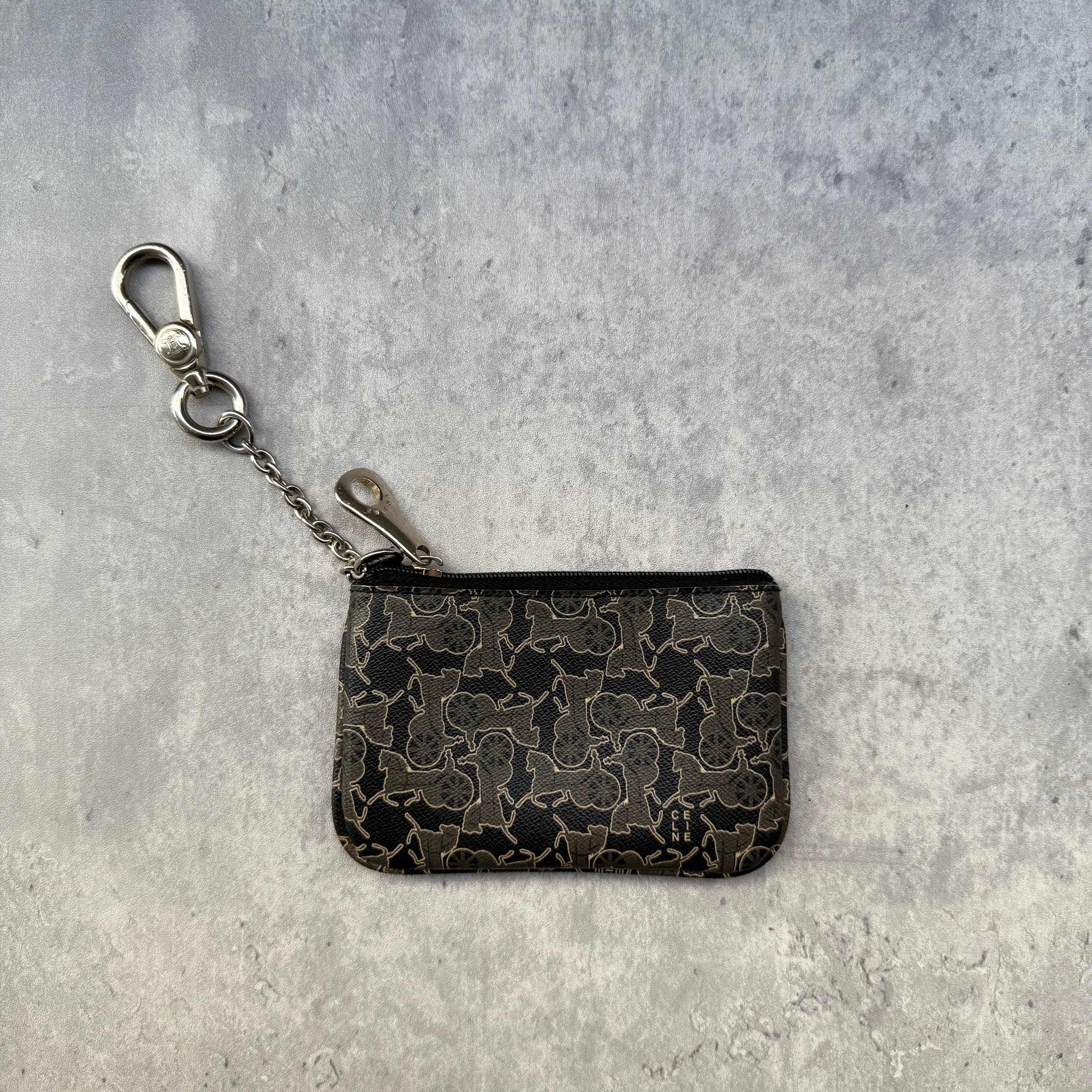 Celine Triomphe Monogram Key Coin Case Wallet in grey canvas with silver-tone chain