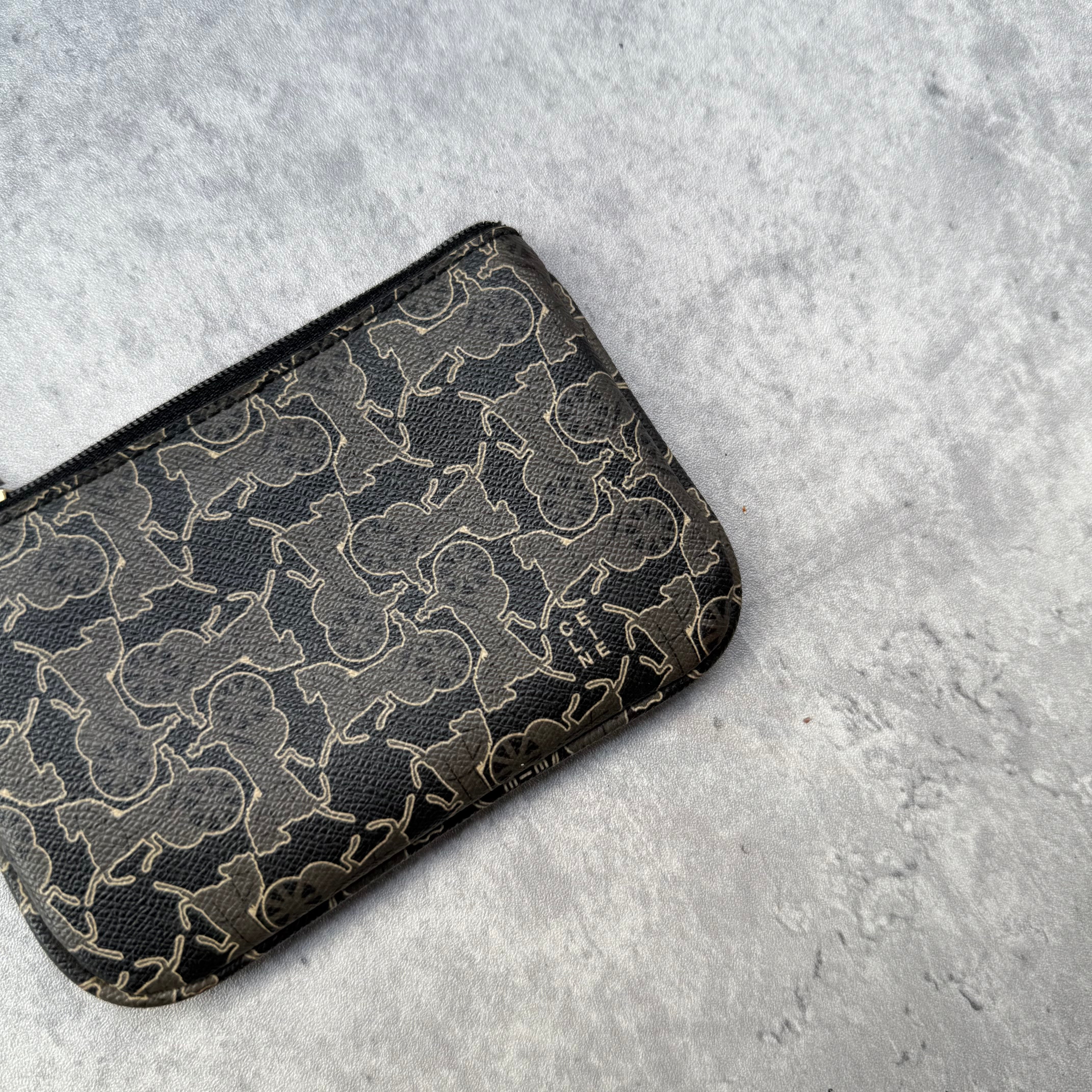 Celine Triomphe Monogram Key Coin Case Wallet in grey canvas with silver-tone chain