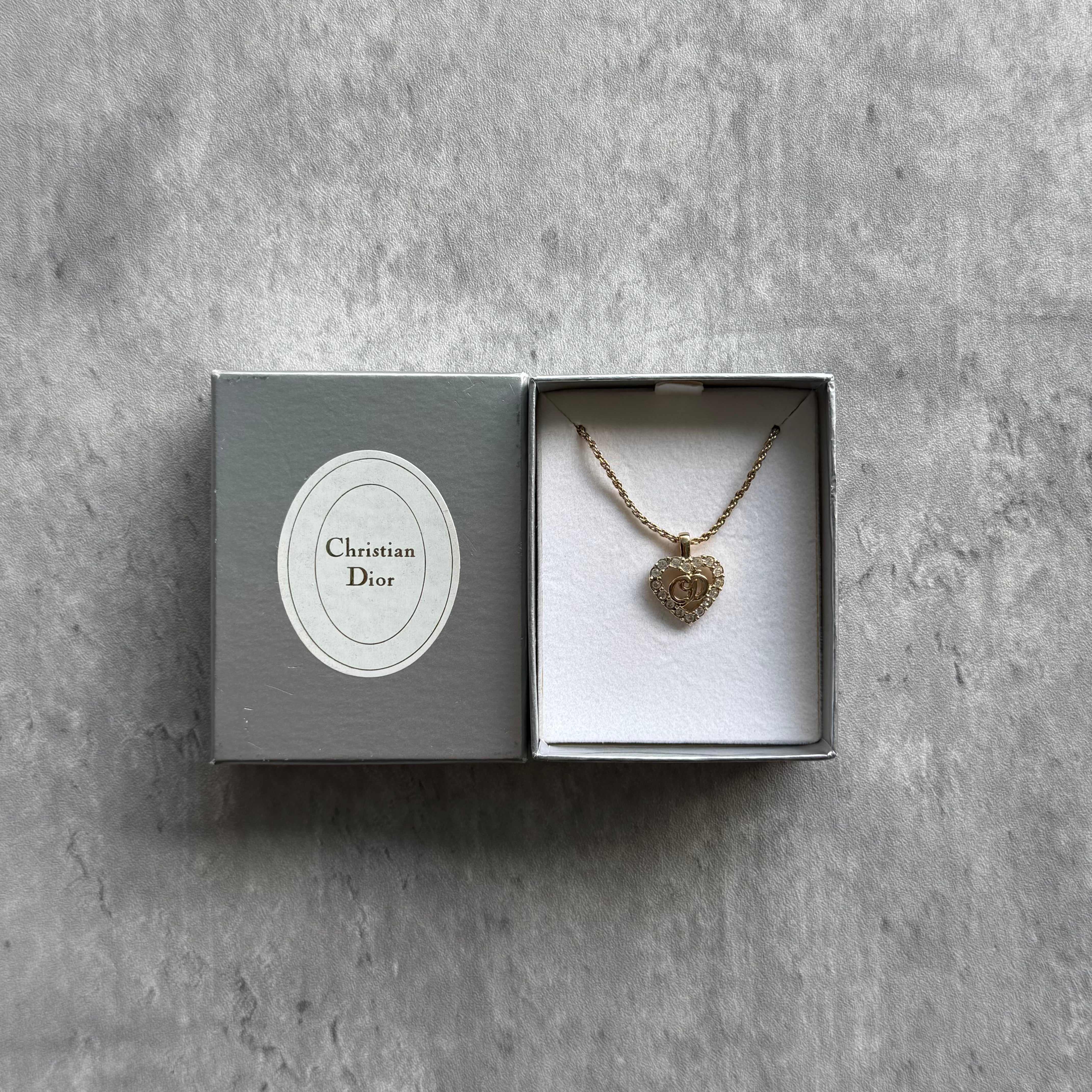 Christian Dior CD Logo Heart Pendant Necklace, gold-plated with rhinestones, on a twisted rope chain with original Dior box.