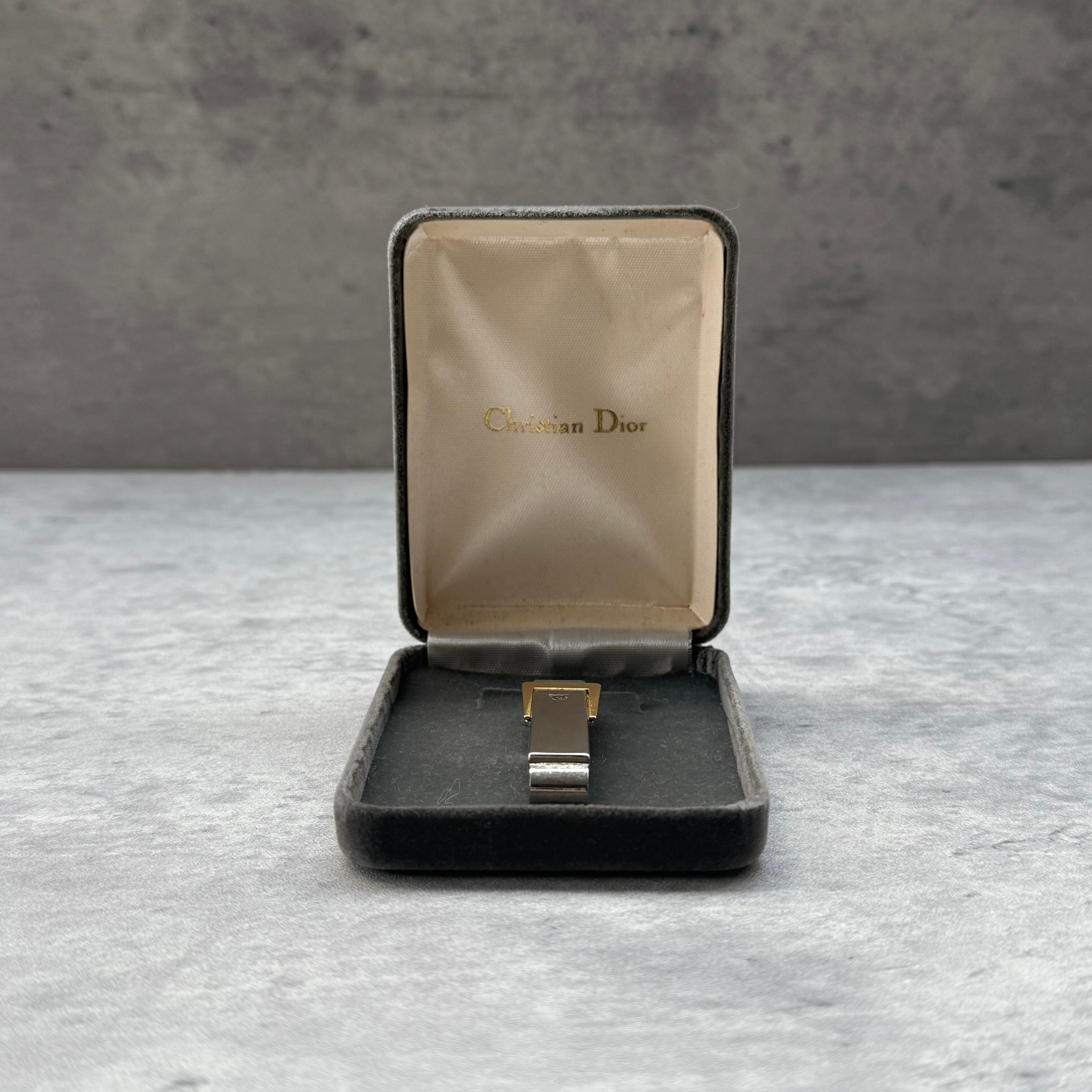 Christian Dior Tie Pin Silver/Gold, featuring a silver-tone body with gold accents, presented in original Dior box.