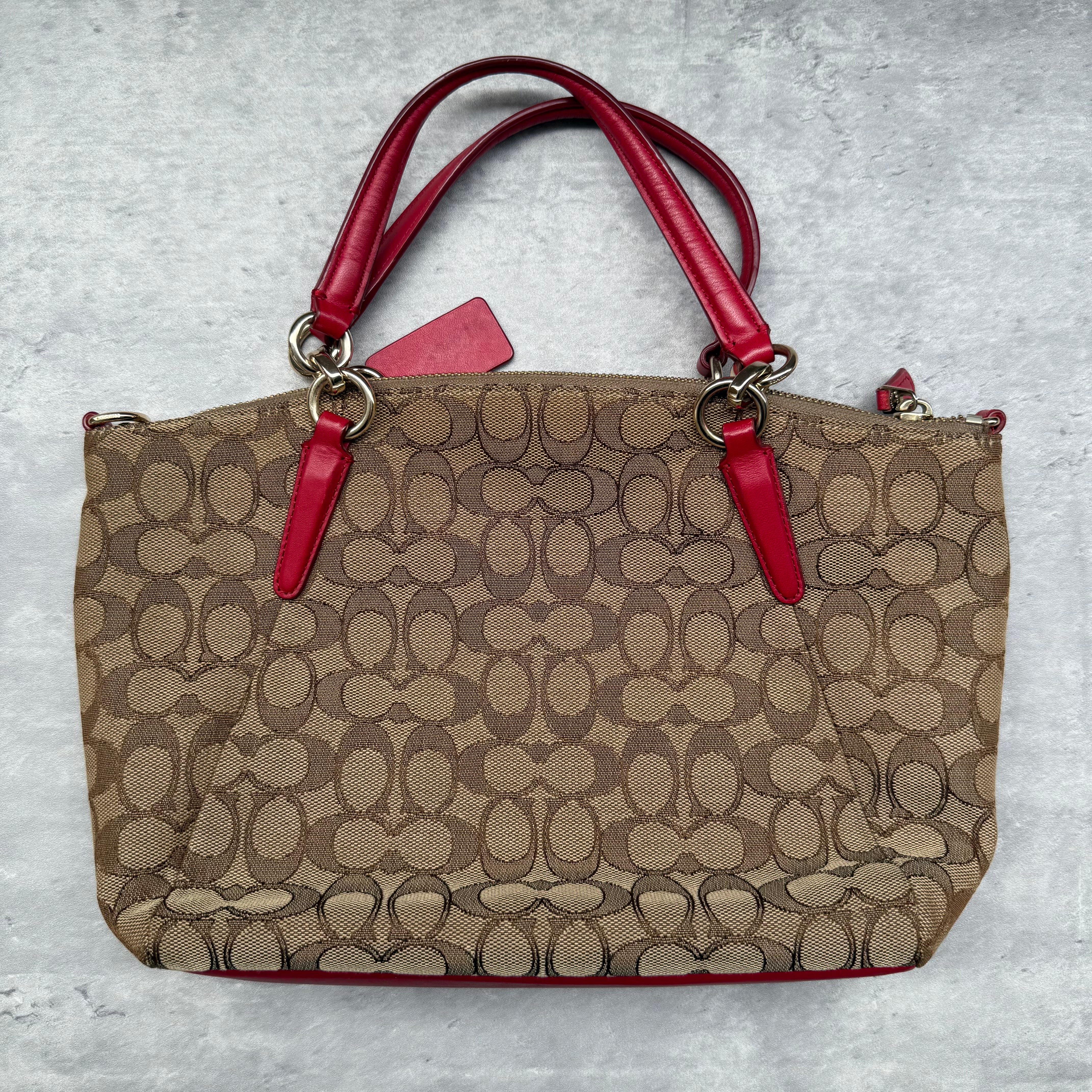 Coach 2Way Kelsey Shoulder Bag Beige/Red with signature canvas, red leather accents, gold-tone hardware, and dual carry options