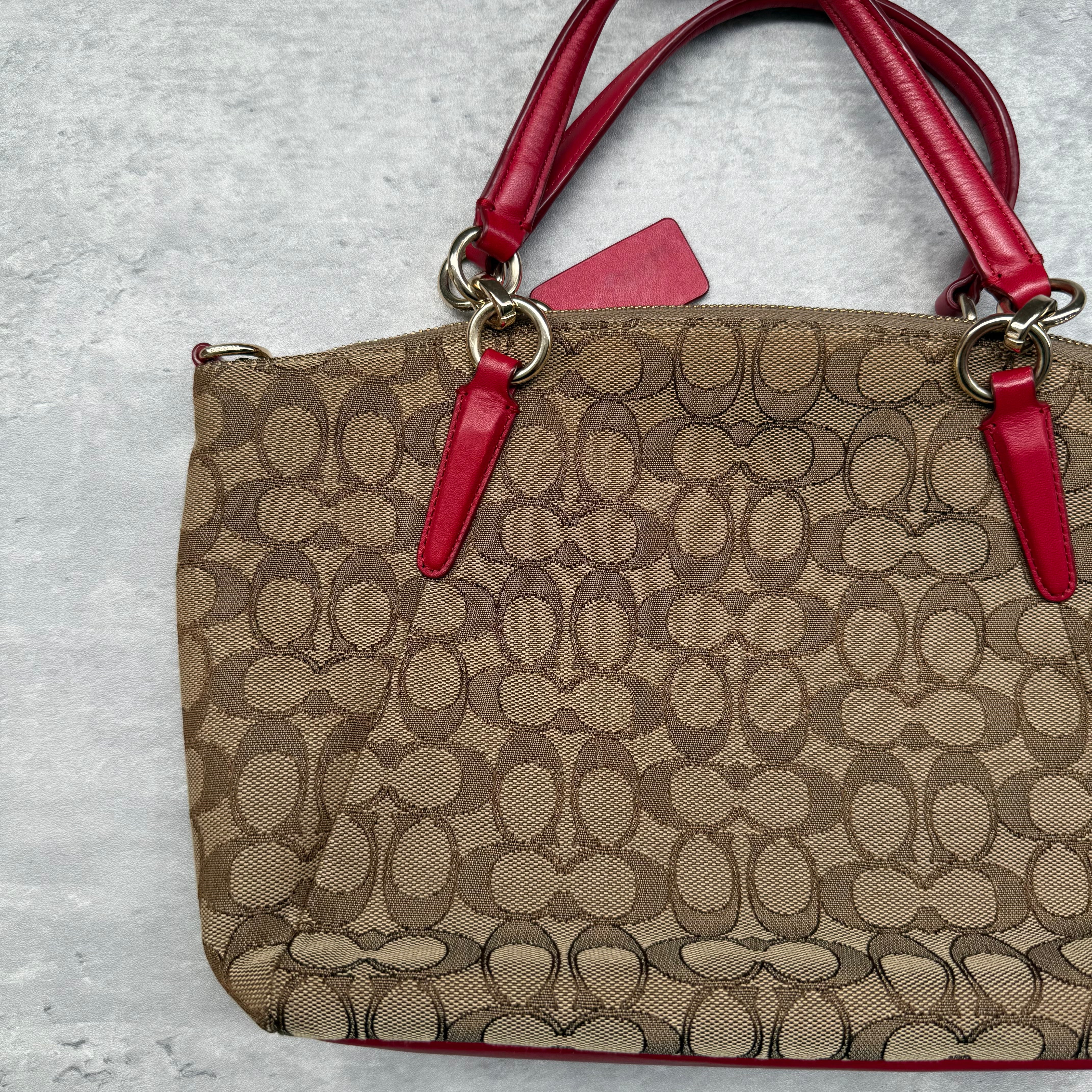 Coach 2Way Kelsey Shoulder Bag Beige/Red with signature canvas, red leather accents, gold-tone hardware, and dual carry options