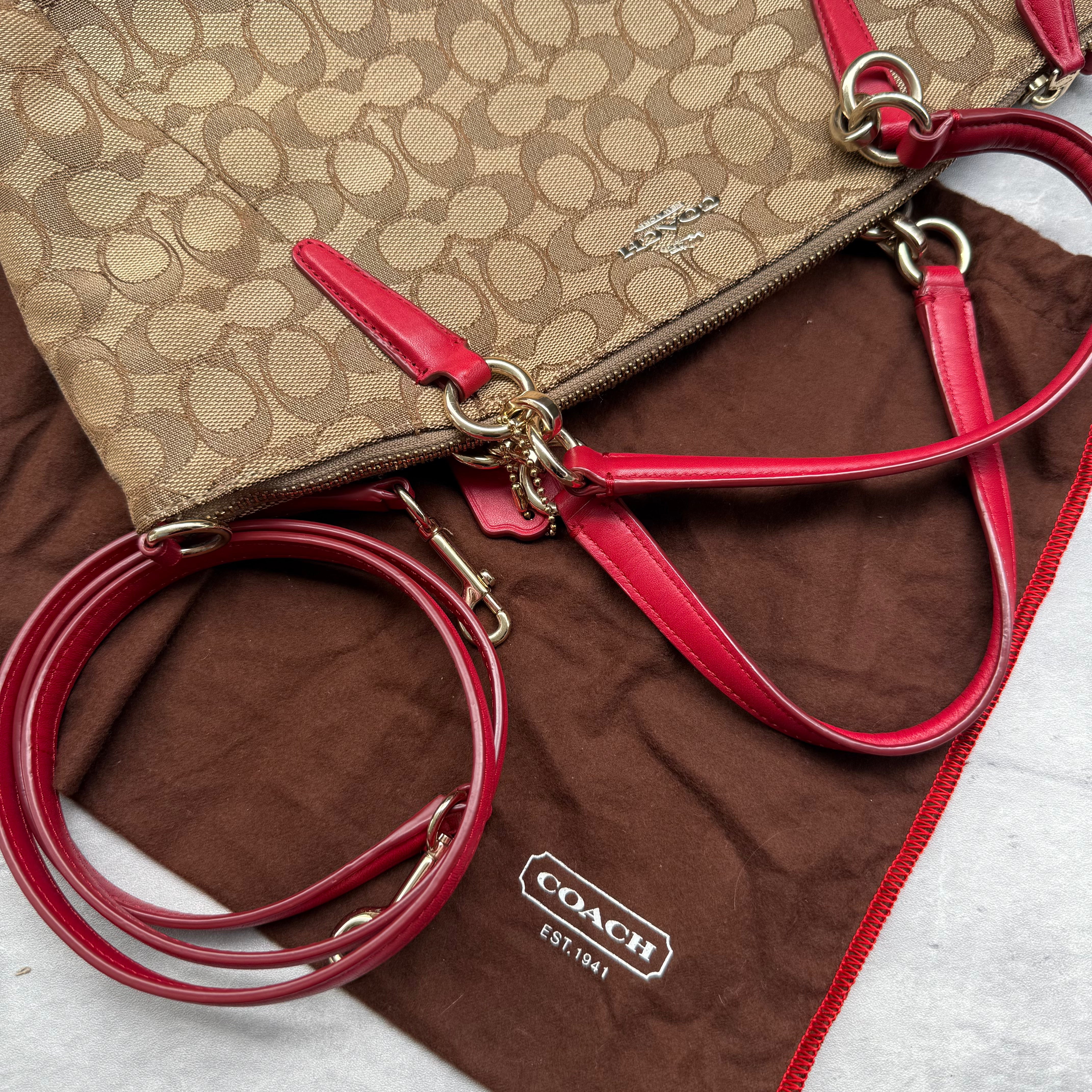 Coach 2Way Kelsey Shoulder Bag Beige/Red with signature canvas, red leather accents, gold-tone hardware, and dual carry options