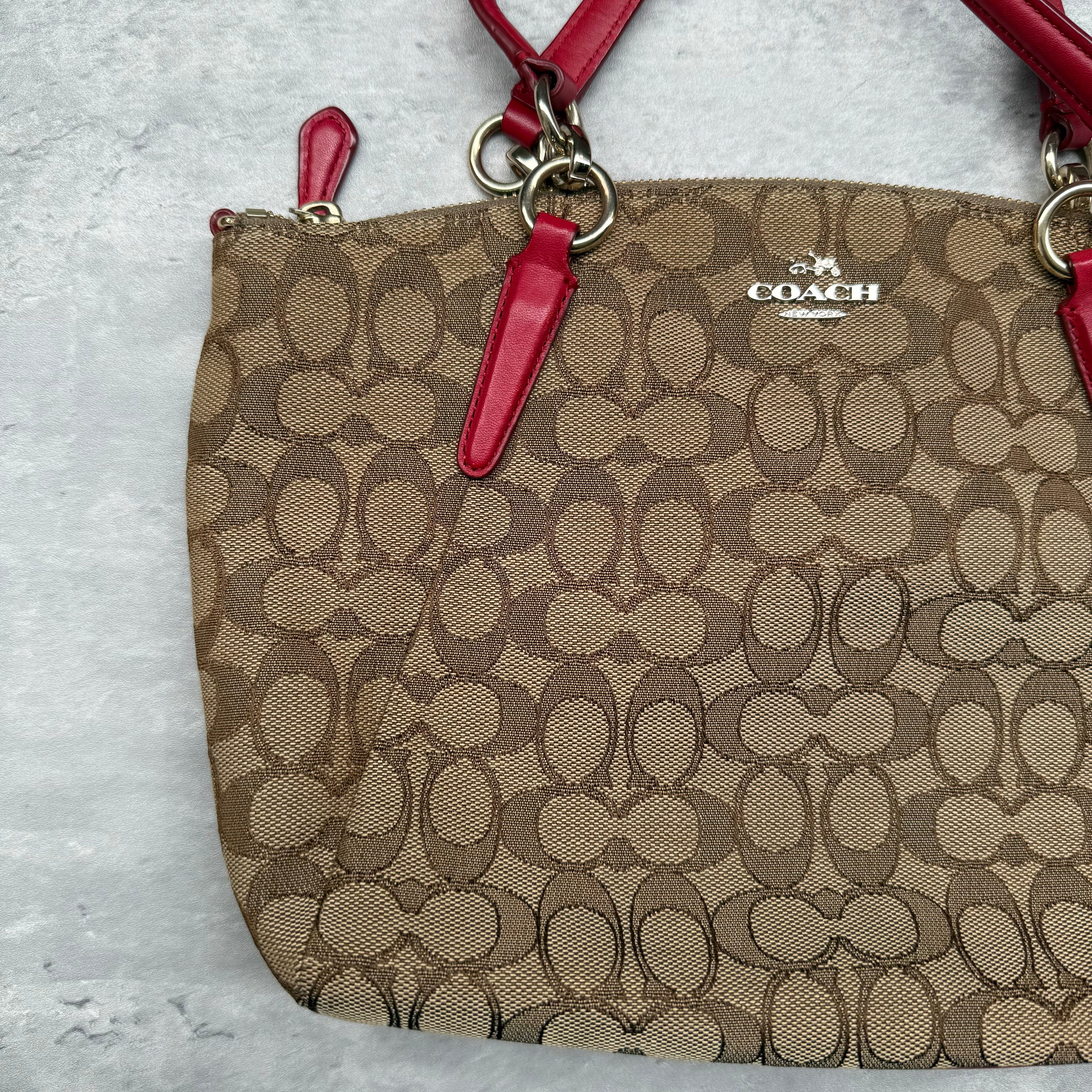 Coach 2Way Kelsey Shoulder Bag Beige/Red with signature canvas, red leather accents, gold-tone hardware, and dual carry options