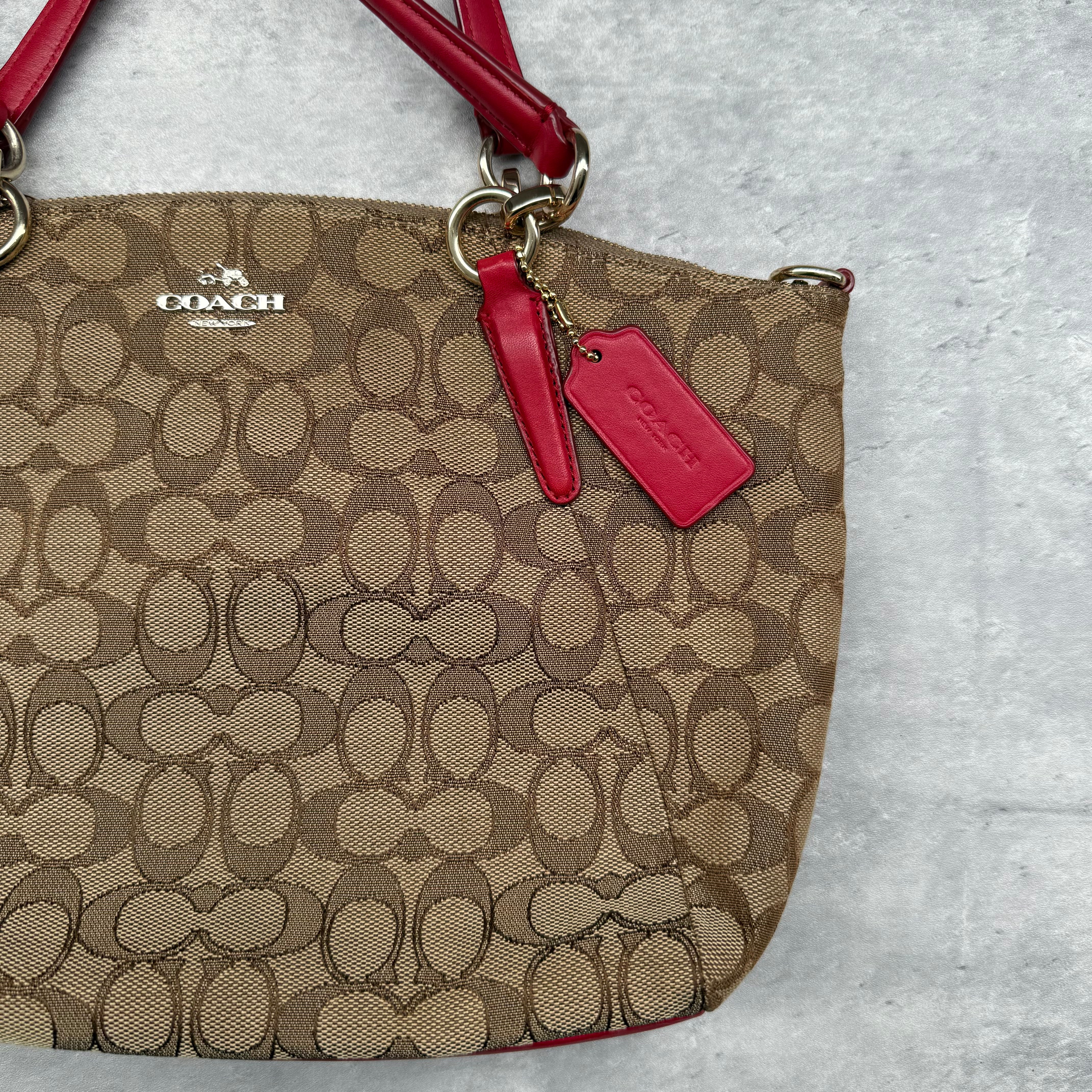 Coach 2Way Kelsey Shoulder Bag Beige/Red with signature canvas, red leather accents, gold-tone hardware, and dual carry options