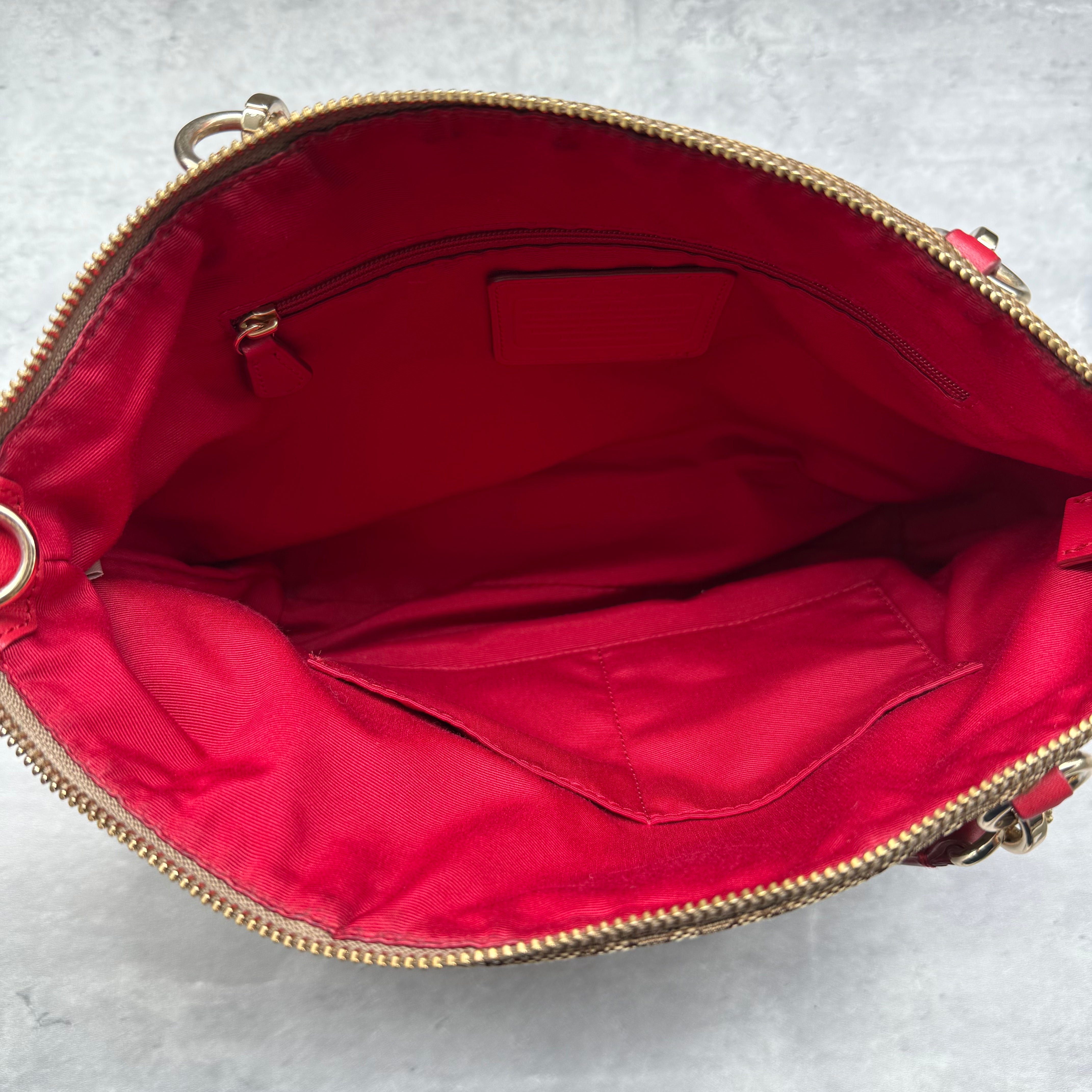 Coach 2Way Kelsey Shoulder Bag Beige/Red with signature canvas, red leather accents, gold-tone hardware, and dual carry options