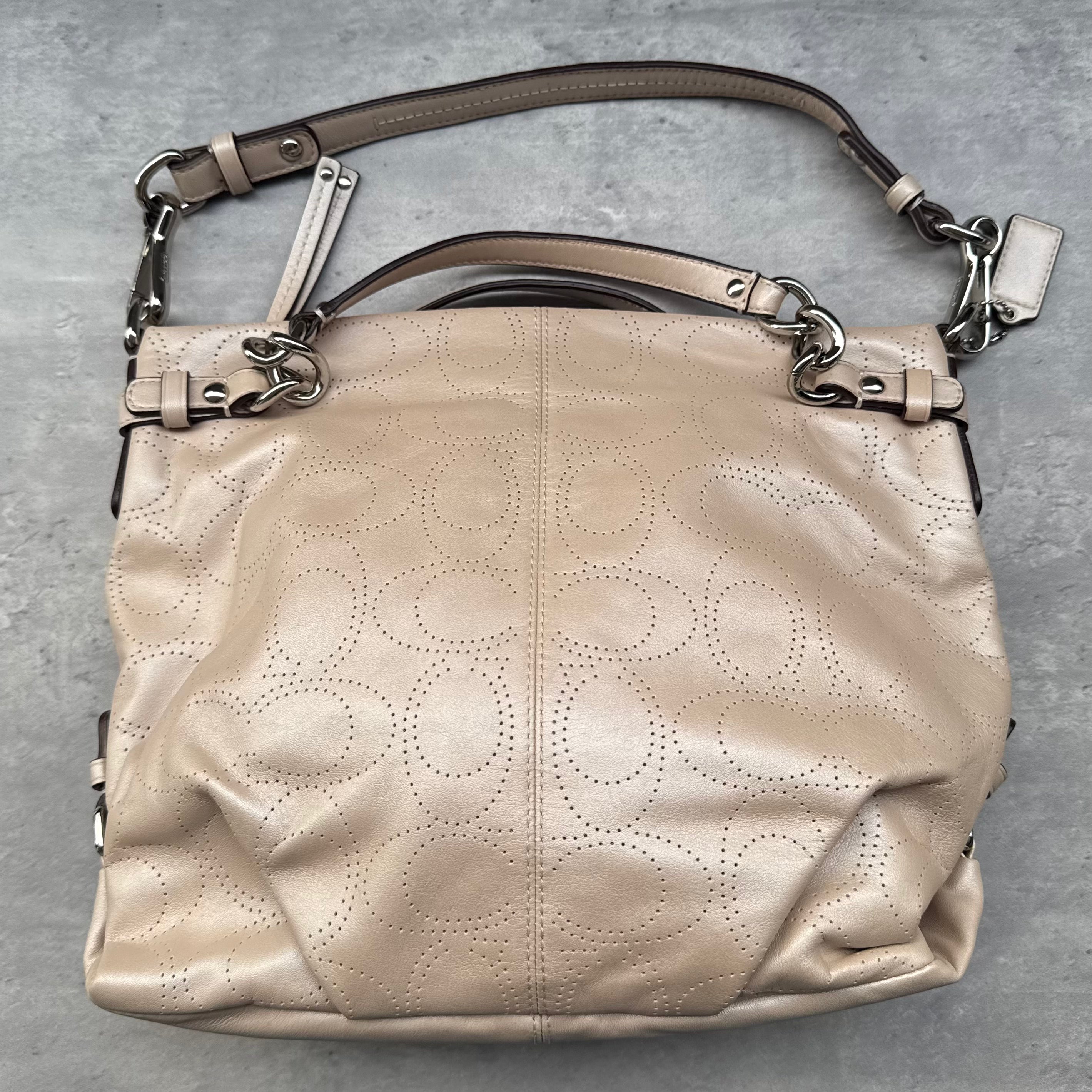 Coach 2Way Perforated Hobo Shoulder Bag in light brown leather with silver-tone hardware and blue interior lining.
