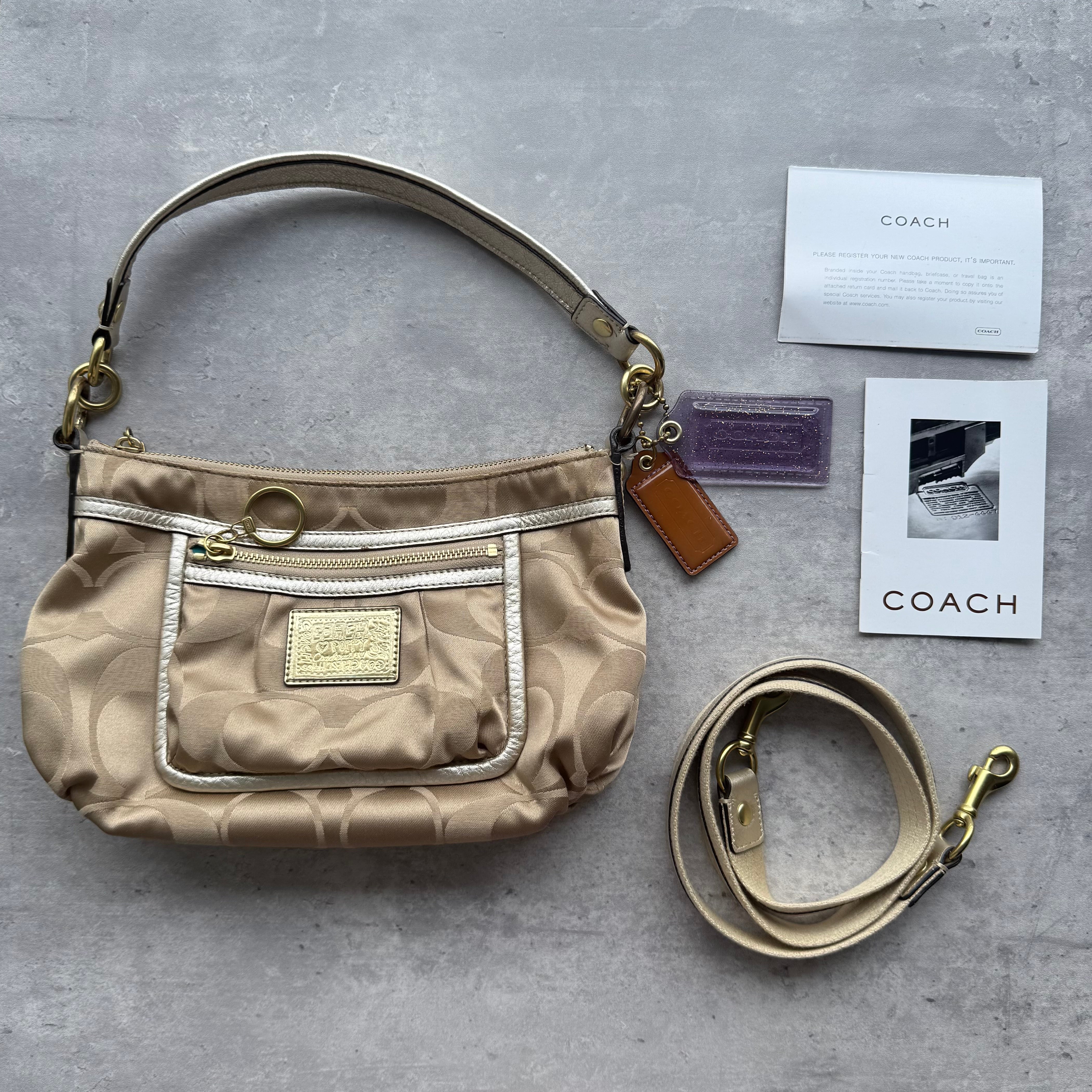 Coach 2Way Poppy Shoulder Bag in beige monogram satin with silver leather trim, gold-tone hardware, turquoise interior, and detachable strap