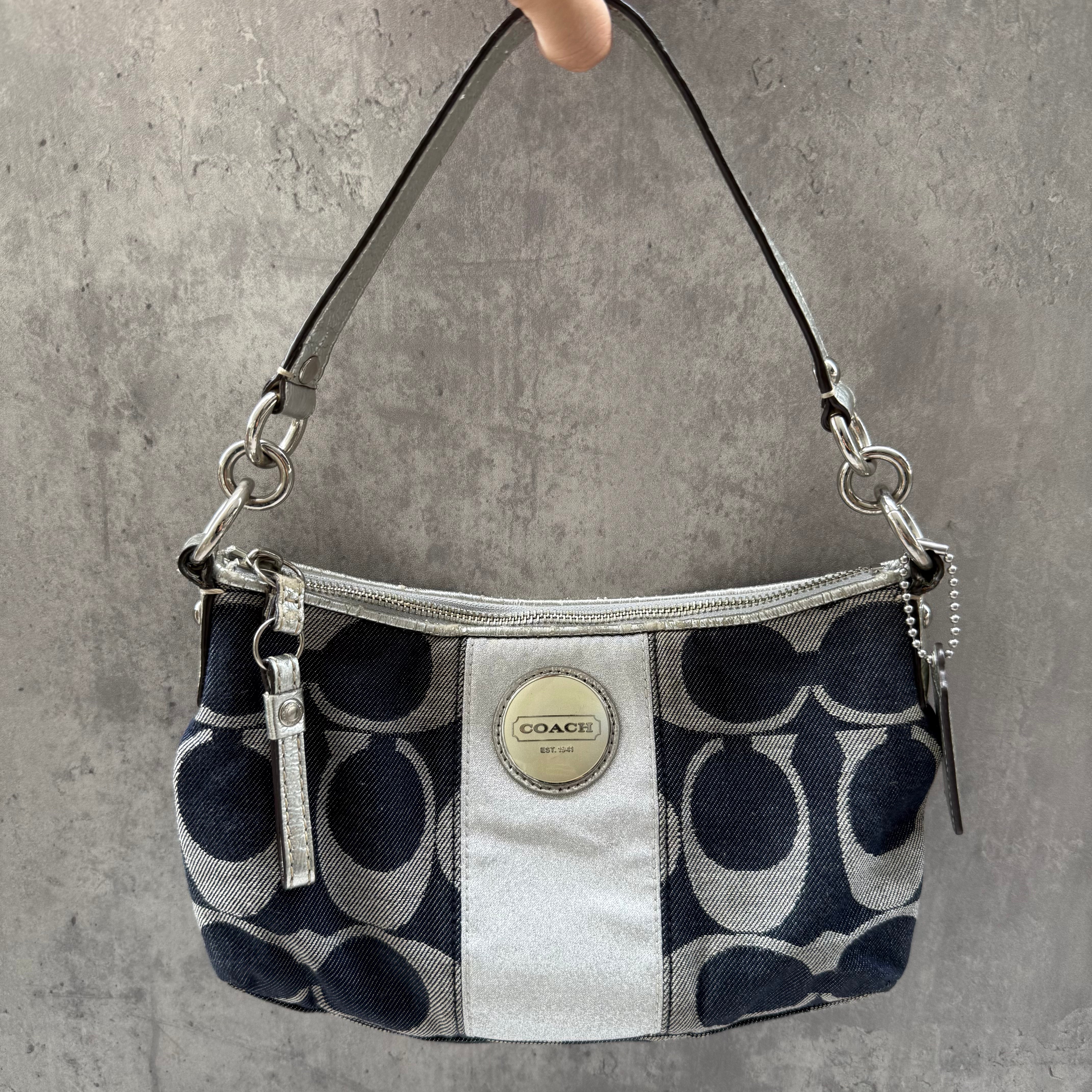 Coach 2Way Signature Denim Shoulder Bag Navy/Silver with navy monogram canvas, silver leather trim, and detachable straps