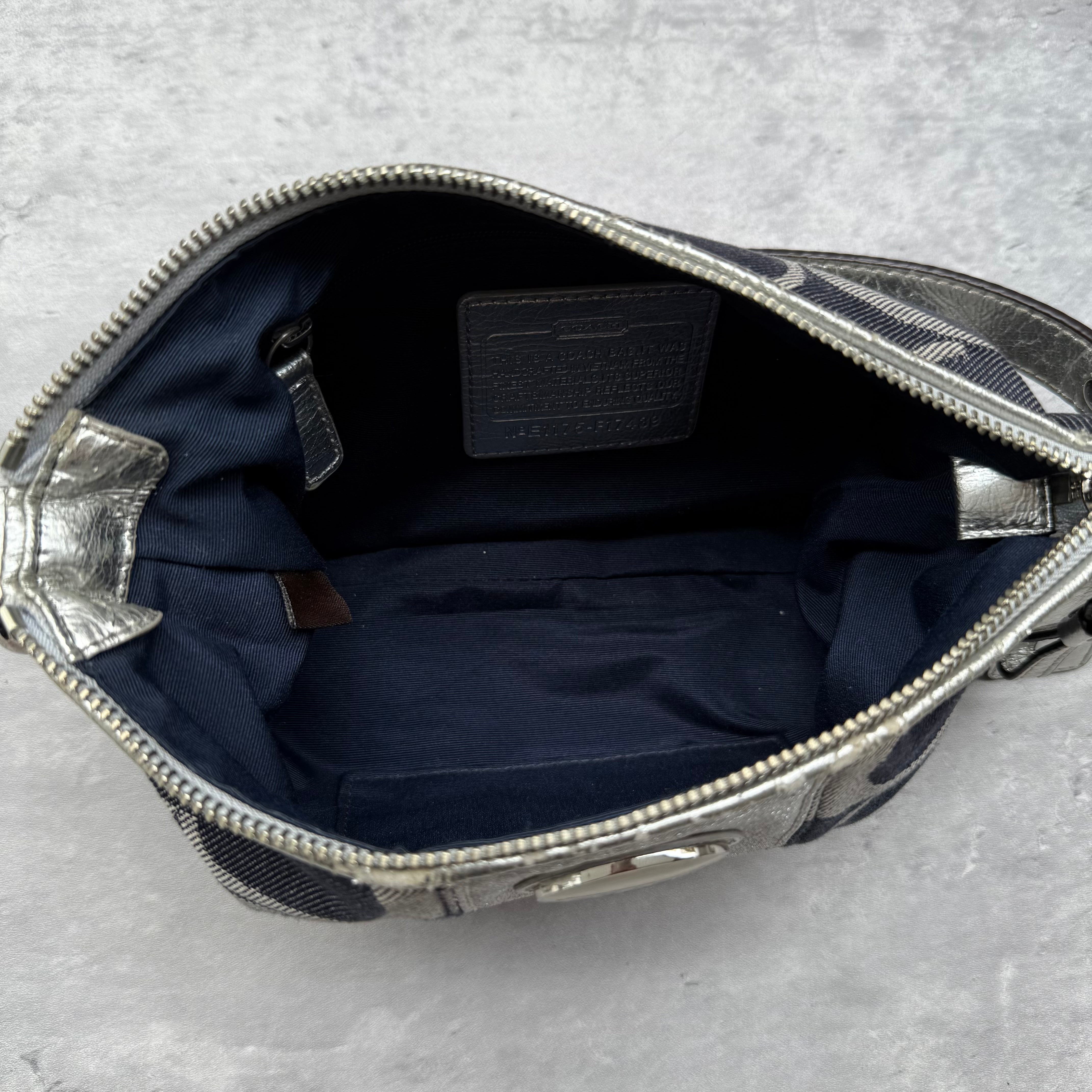 Coach 2Way Signature Denim Shoulder Bag Navy/Silver with navy monogram canvas, silver leather trim, and detachable straps