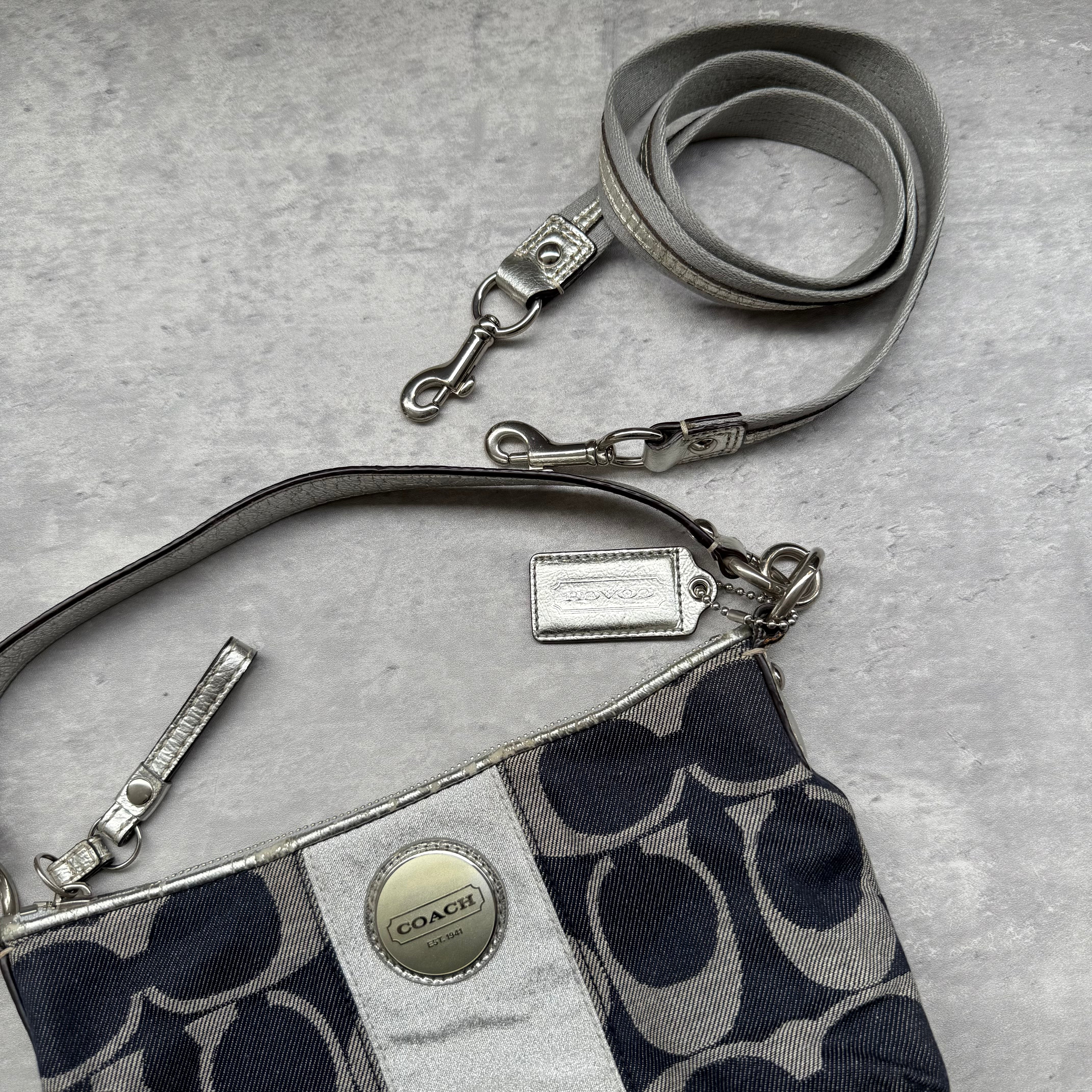 Coach 2Way Signature Denim Shoulder Bag Navy/Silver with navy monogram canvas, silver leather trim, and detachable straps