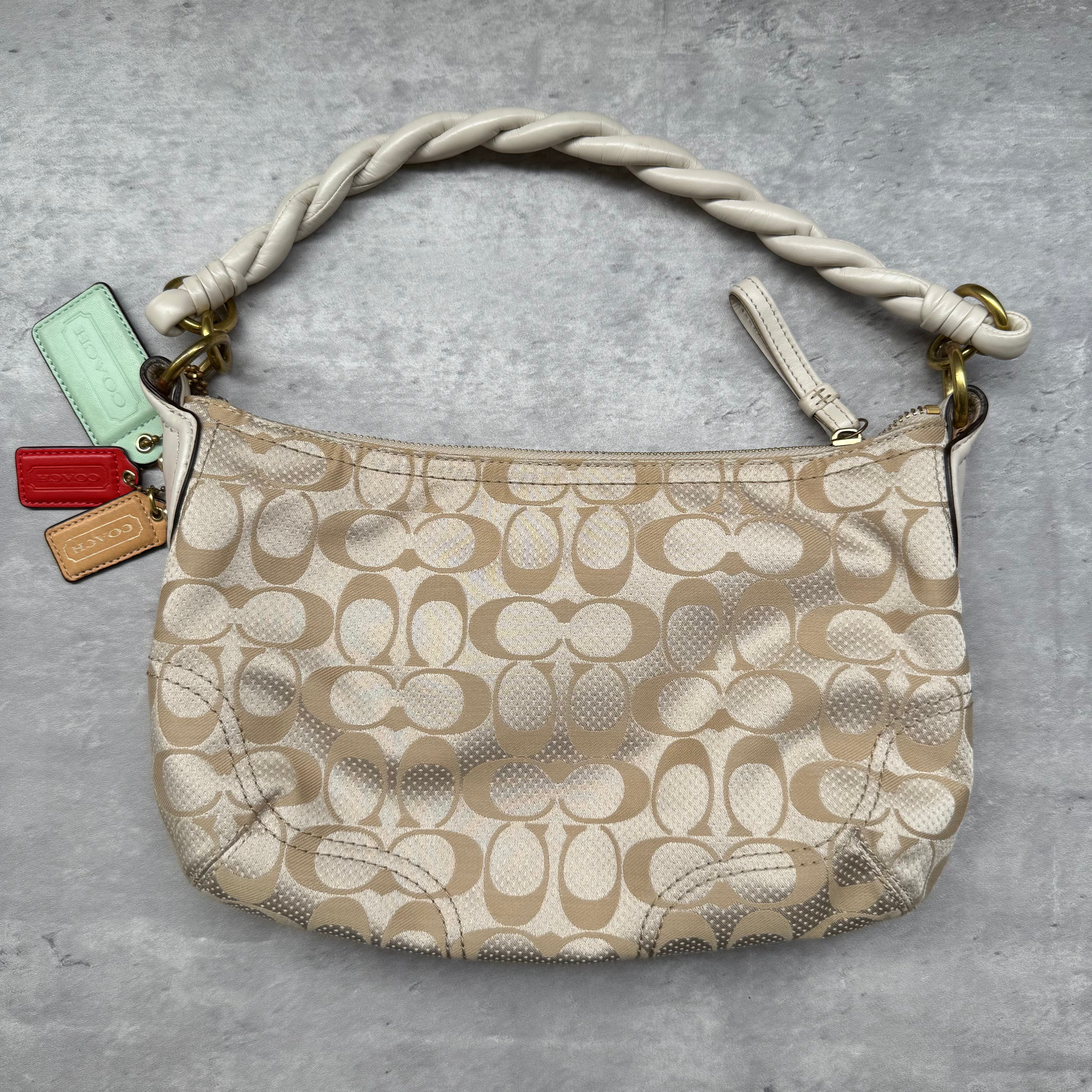 Coach 2Way Signature Dot Satin Canvas Shoulder Bag in beige with braided handle, turn-lock pocket, colorful hang tags, and red interior