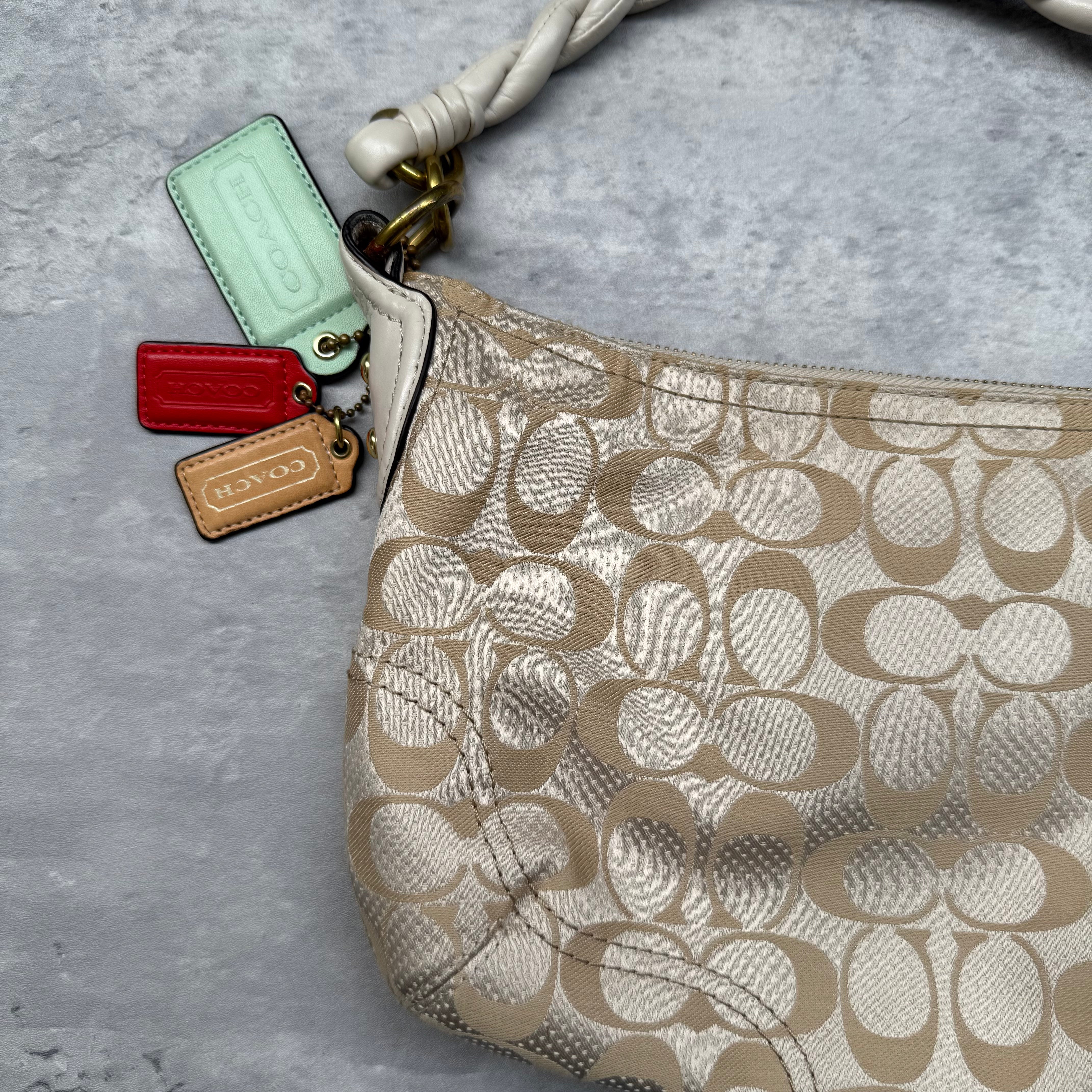 Coach 2Way Signature Dot Satin Canvas Shoulder Bag in beige with braided handle, turn-lock pocket, colorful hang tags, and red interior